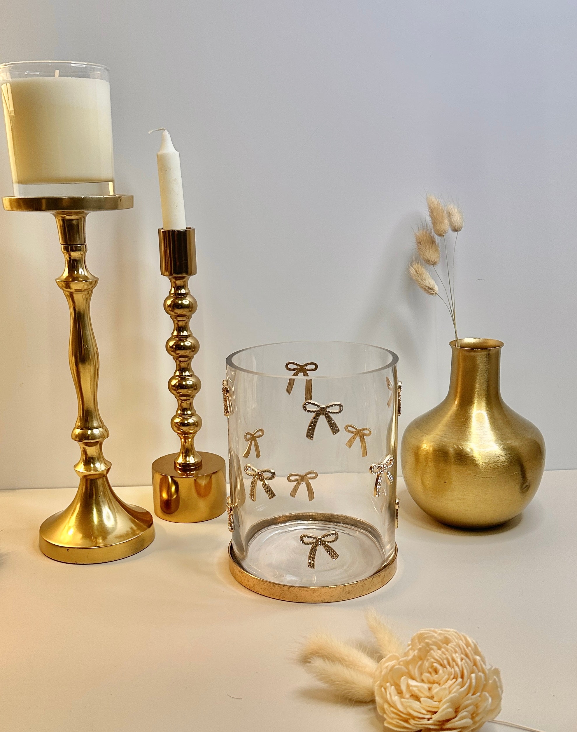 Decorative Glass Hurricane Candle Holder with Gold and Rhinestones Bow Pattern, Clear Cylinder with Metallic Base, 6" tall