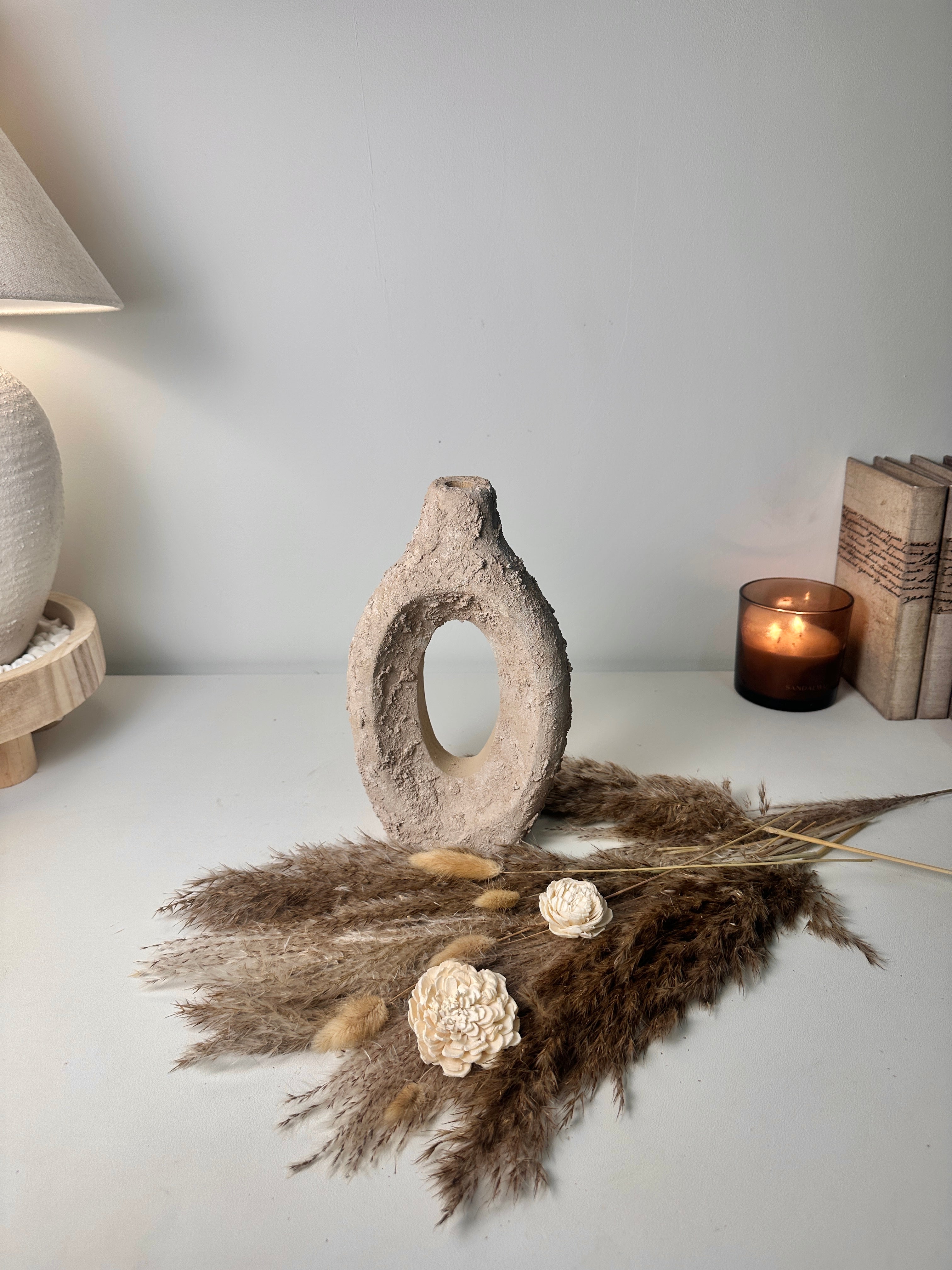 Paulownia Wood Vase Hand-Painted Textured 10.5" - Beige Tan