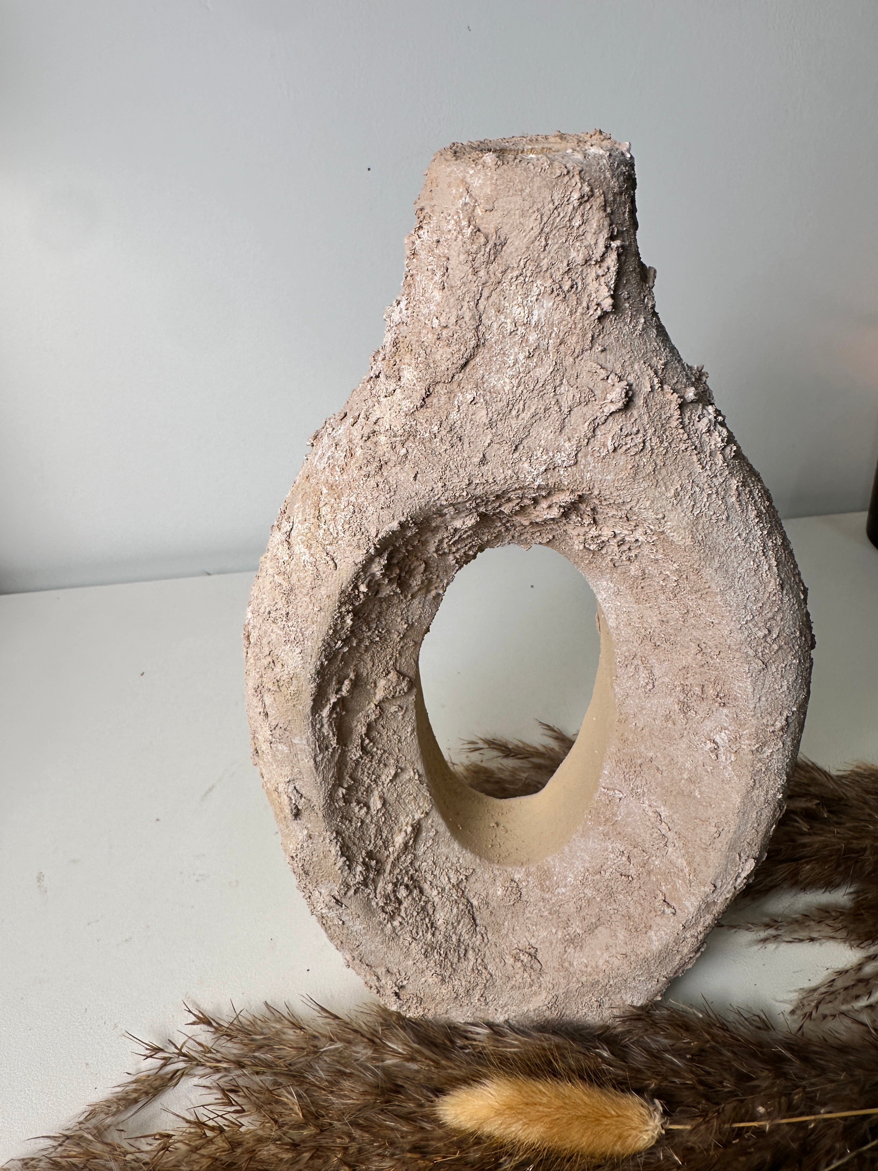 Paulownia Wood Vase Hand-Painted Textured 10.5" - Beige Tan
