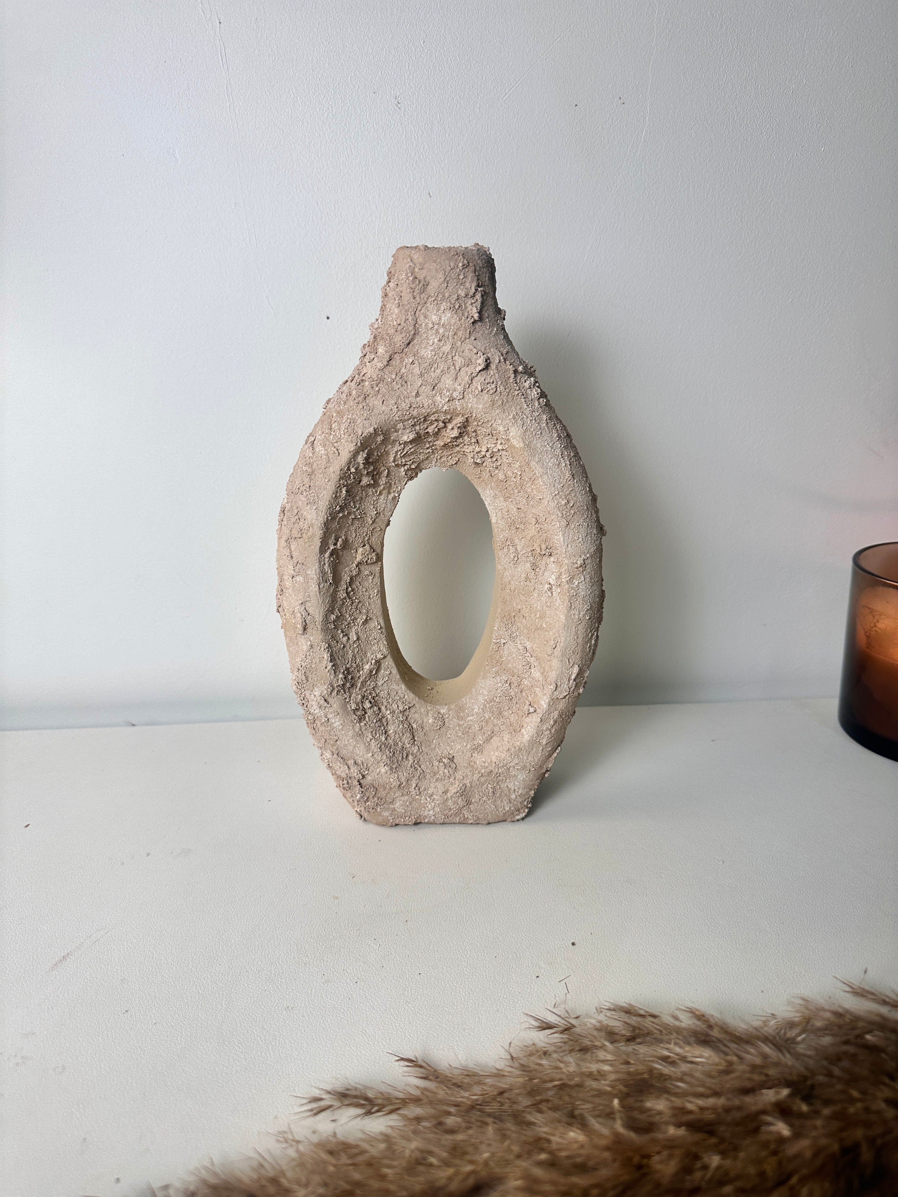 Paulownia Wood Vase Hand-Painted Textured 10.5" - Beige Tan