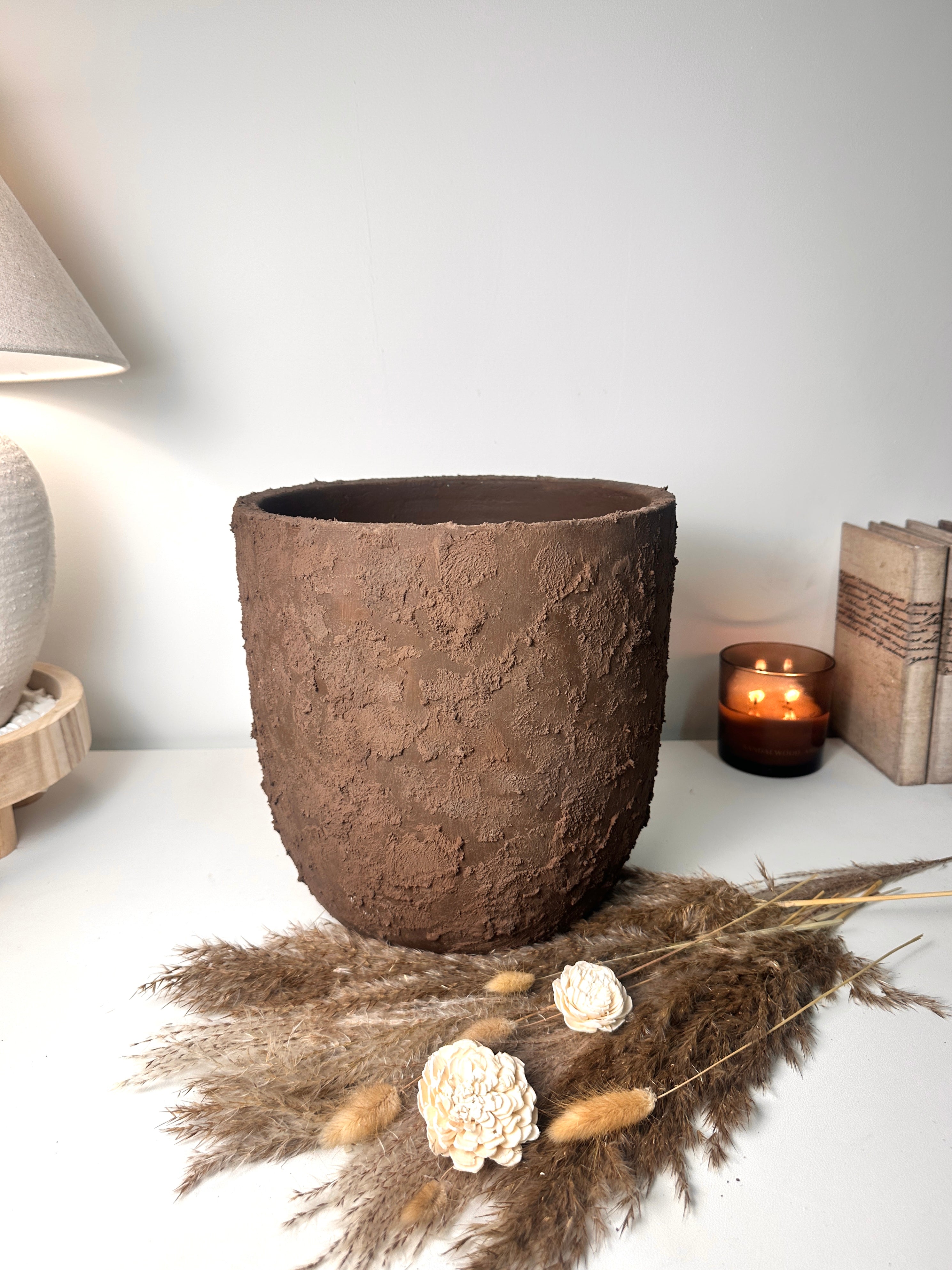 11" tall Minimalist Hand-Painted & Textured Planter Pot with drainage hole - Dark Brown
