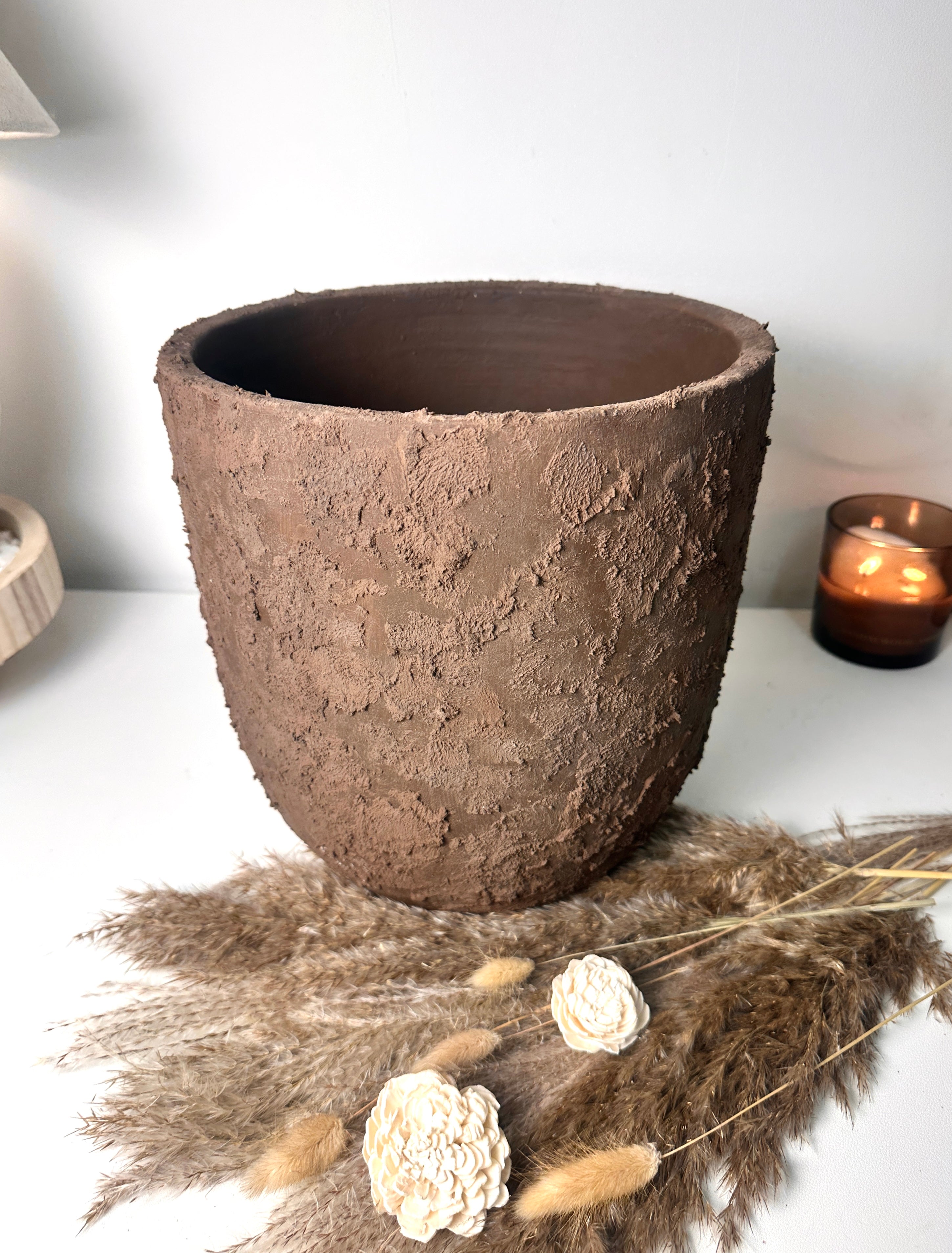 11" tall Minimalist Hand-Painted & Textured Planter Pot with drainage hole - Dark Brown