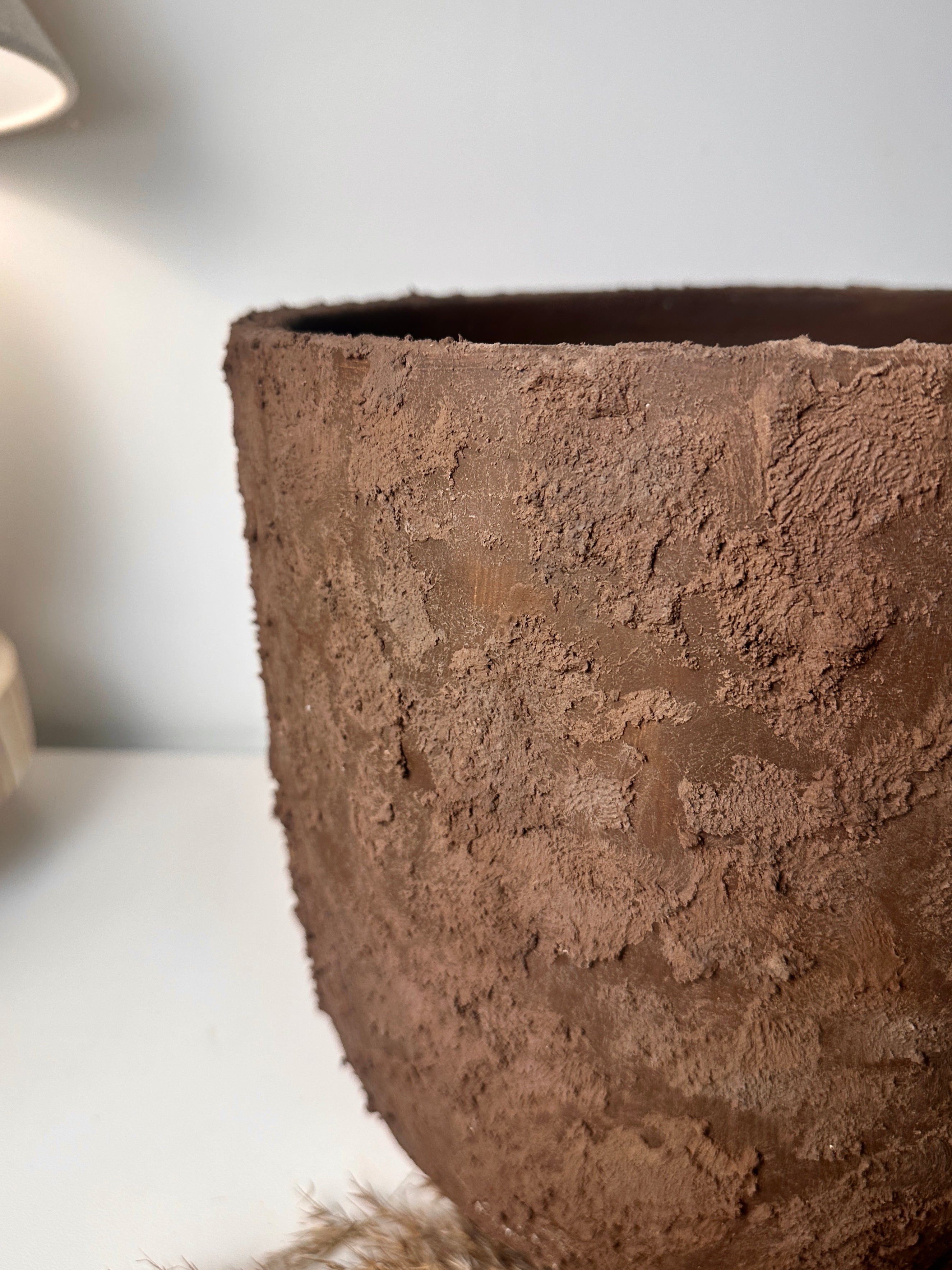 11" tall Minimalist Hand-Painted & Textured Planter Pot with drainage hole - Dark Brown