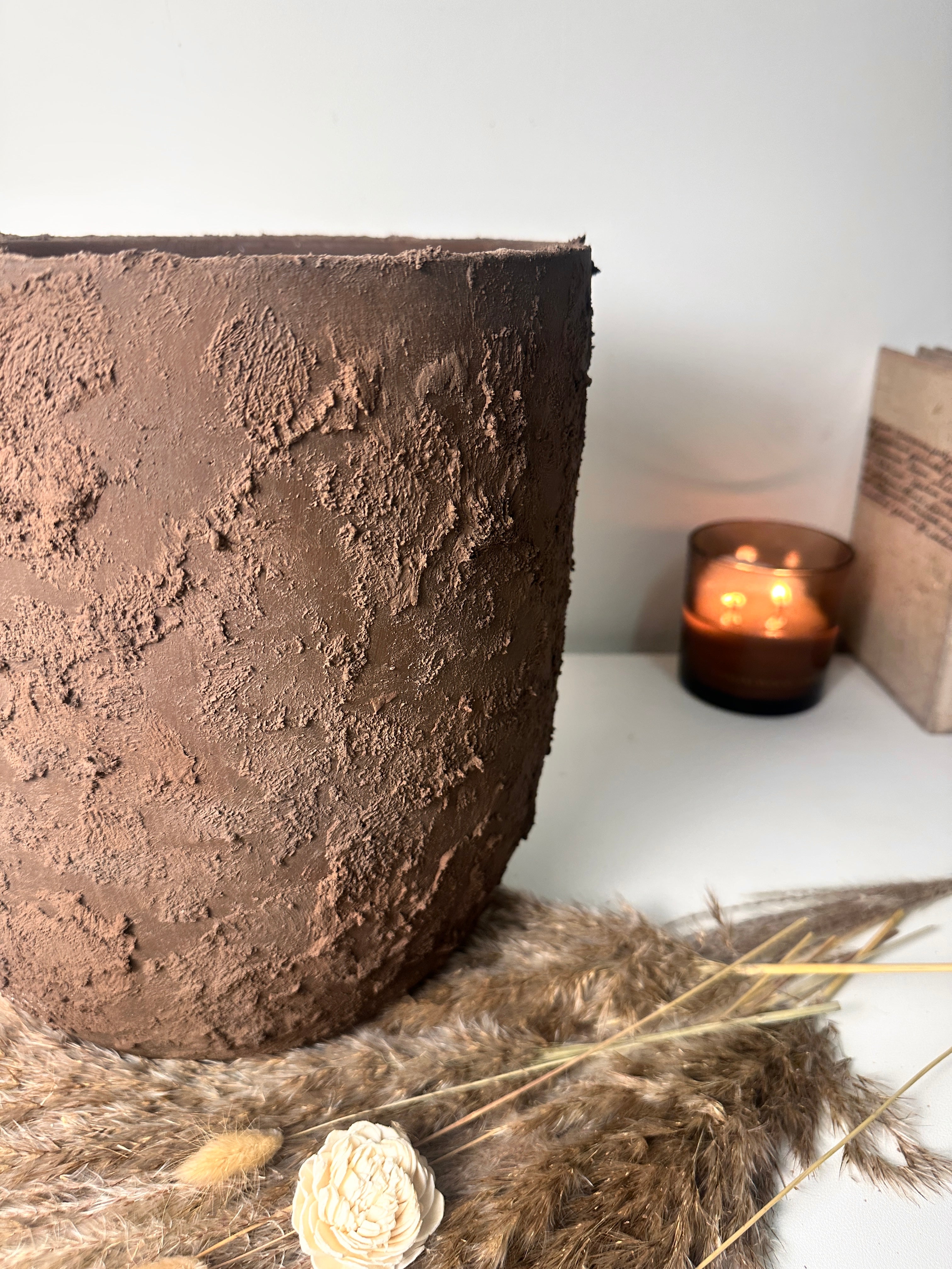 11" tall Minimalist Hand-Painted & Textured Planter Pot with drainage hole - Dark Brown