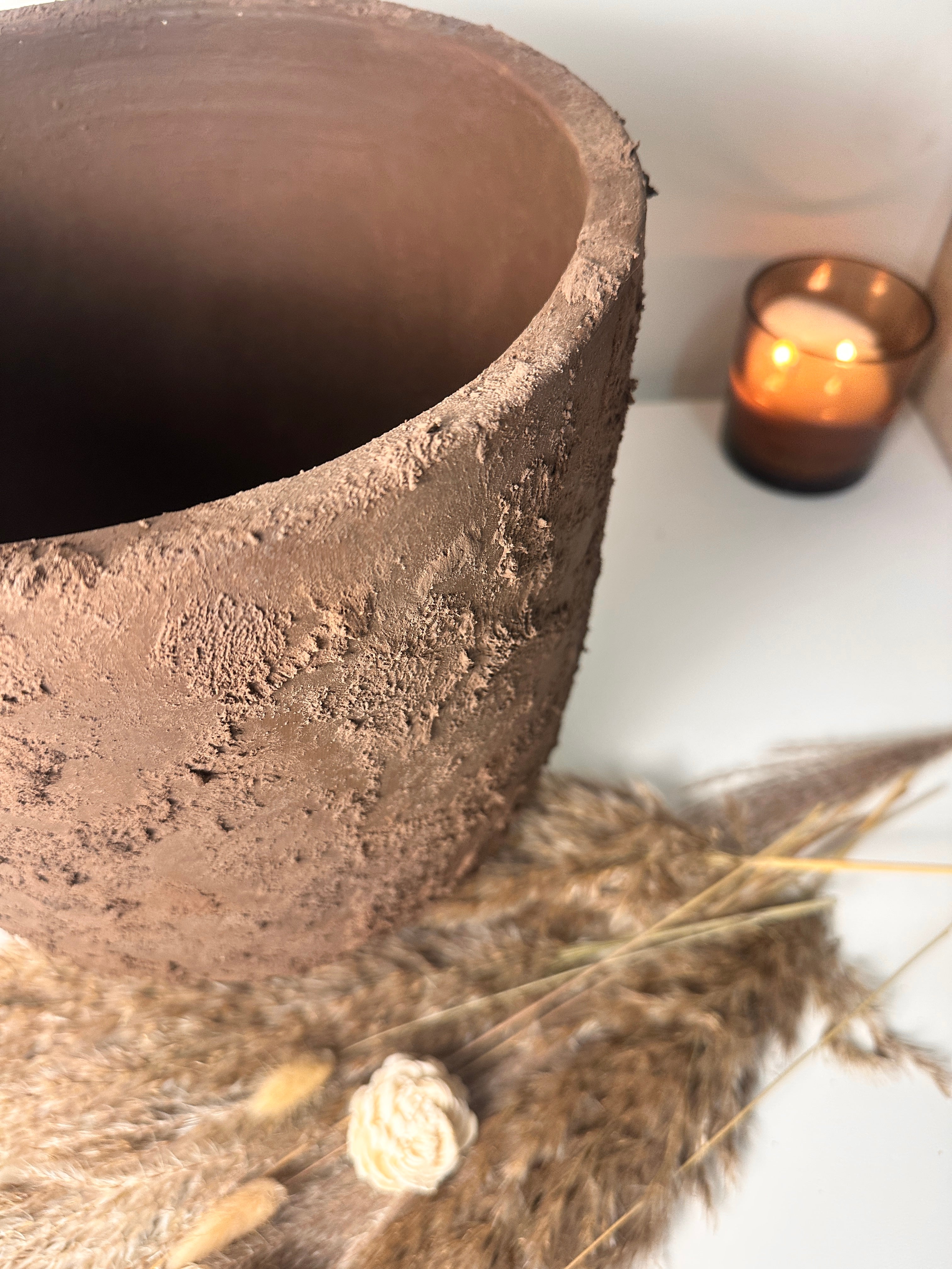 11" tall Minimalist Hand-Painted & Textured Planter Pot with drainage hole - Dark Brown