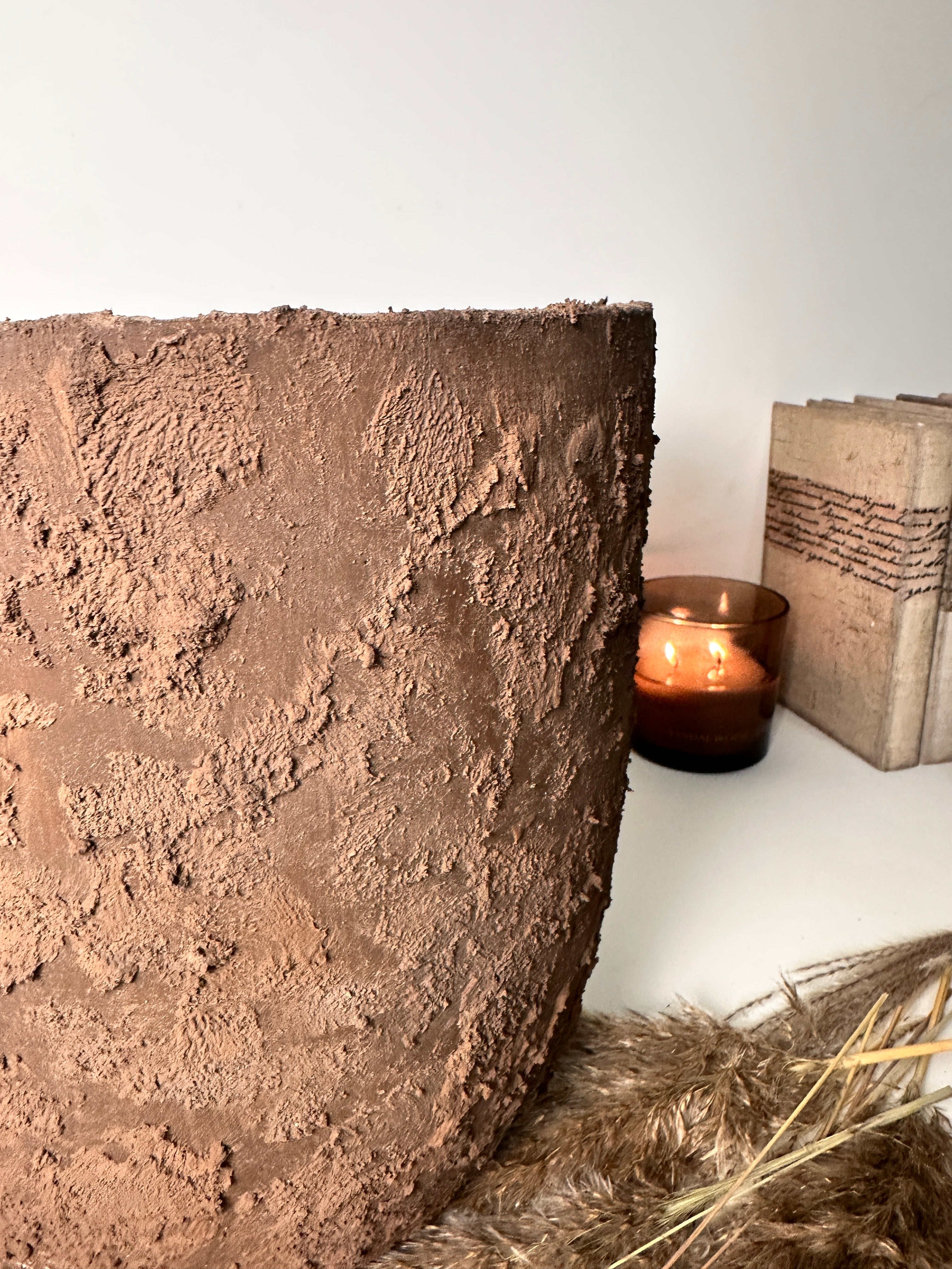 11" tall Minimalist Hand-Painted & Textured Planter Pot with drainage hole - Dark Brown