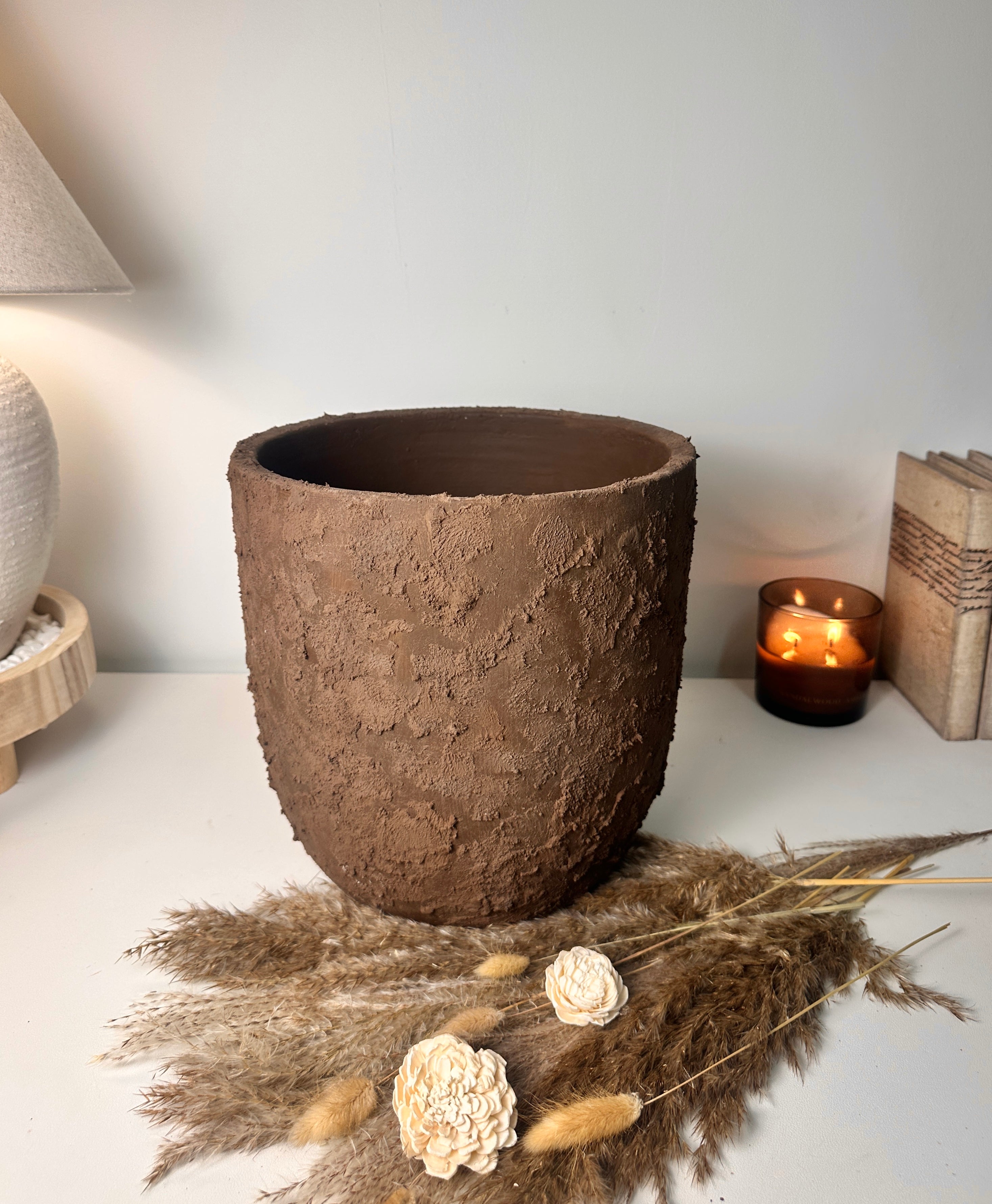 11" tall Minimalist Hand-Painted & Textured Planter Pot with drainage hole - Dark Brown