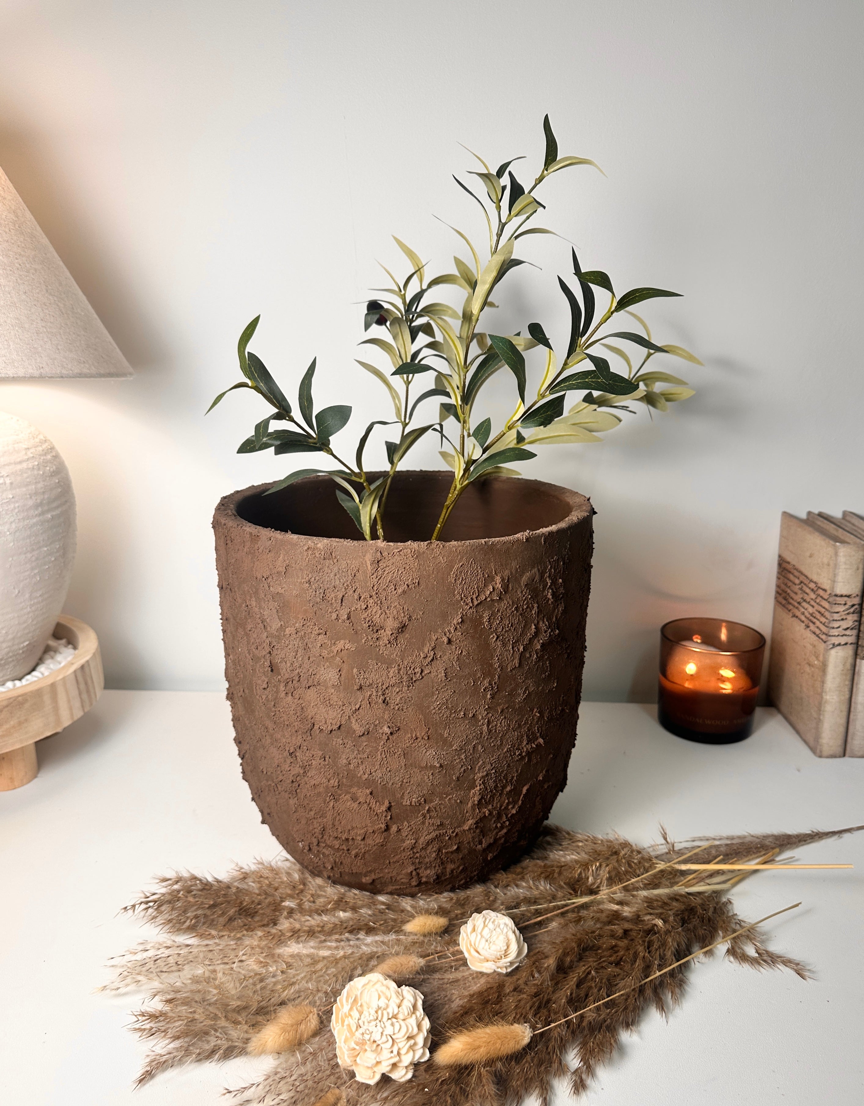11" tall Minimalist Hand-Painted & Textured Planter Pot with drainage hole - Dark Brown