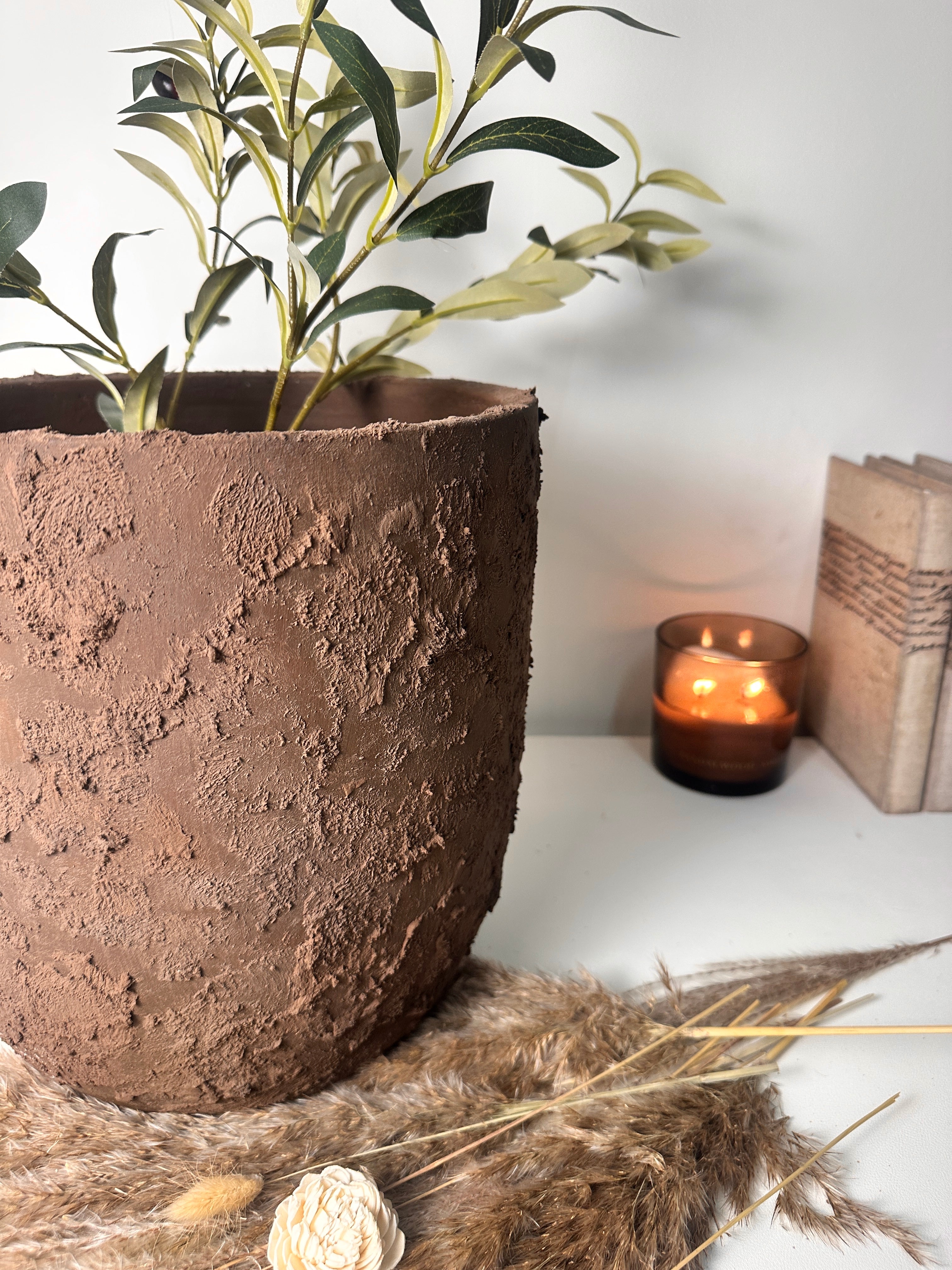 11" tall Minimalist Hand-Painted & Textured Planter Pot with drainage hole - Dark Brown