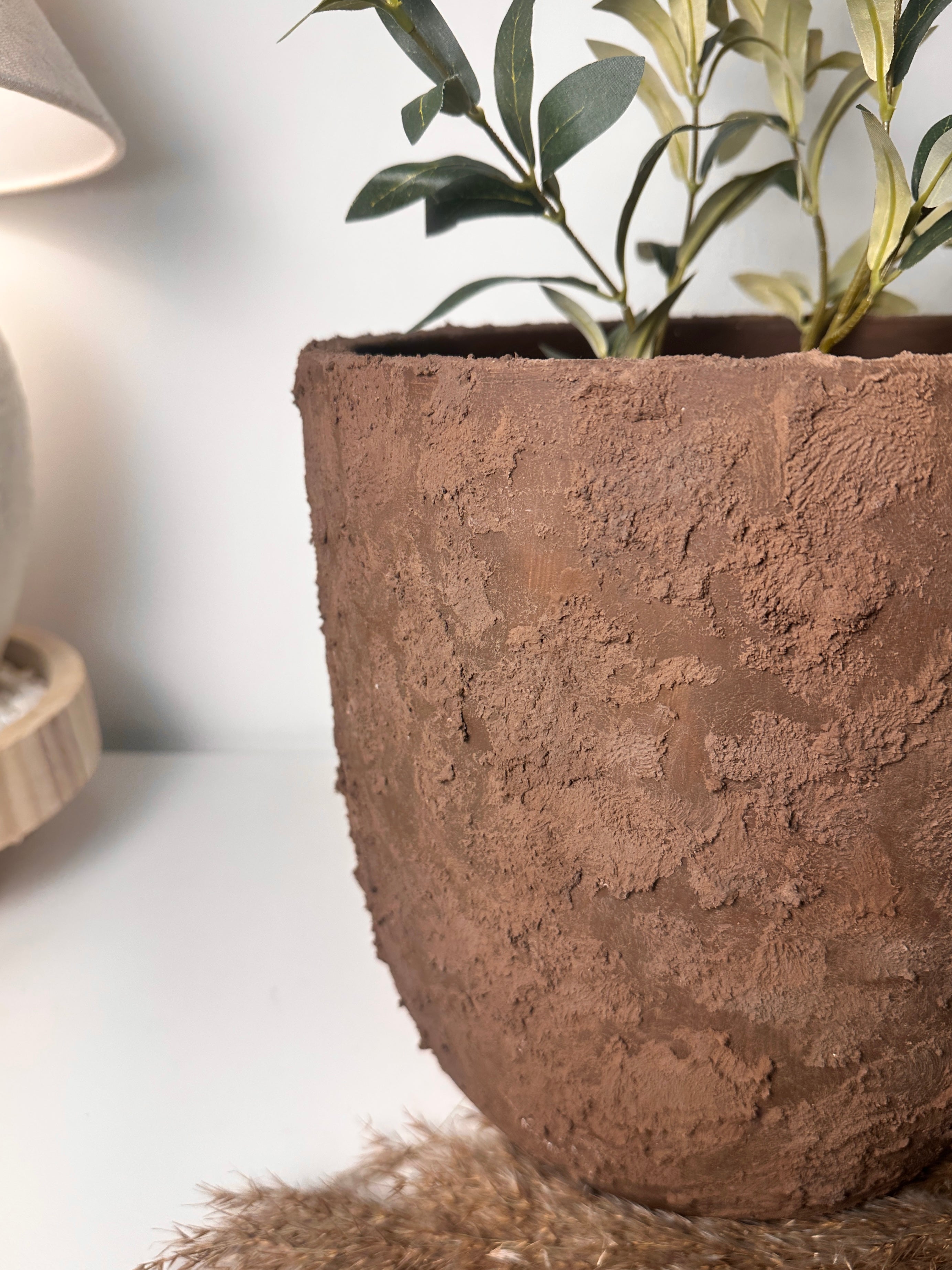 11" tall Minimalist Hand-Painted & Textured Planter Pot with drainage hole - Dark Brown