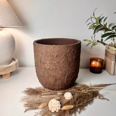 11" tall Minimalist Hand-Painted & Textured Planter Pot with drainage hole - Dark Brown