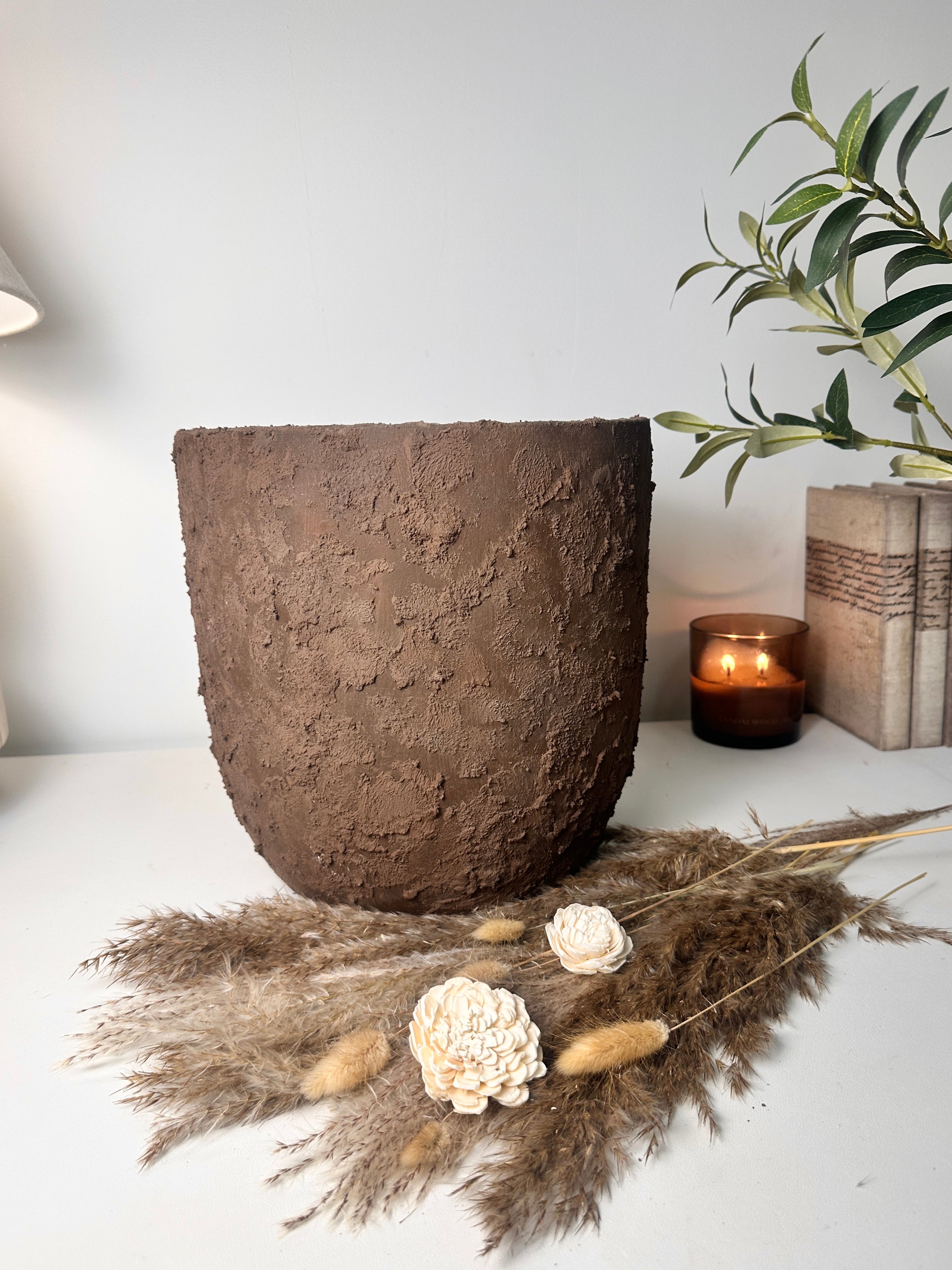 11" tall Minimalist Hand-Painted & Textured Planter Pot with drainage hole - Dark Brown