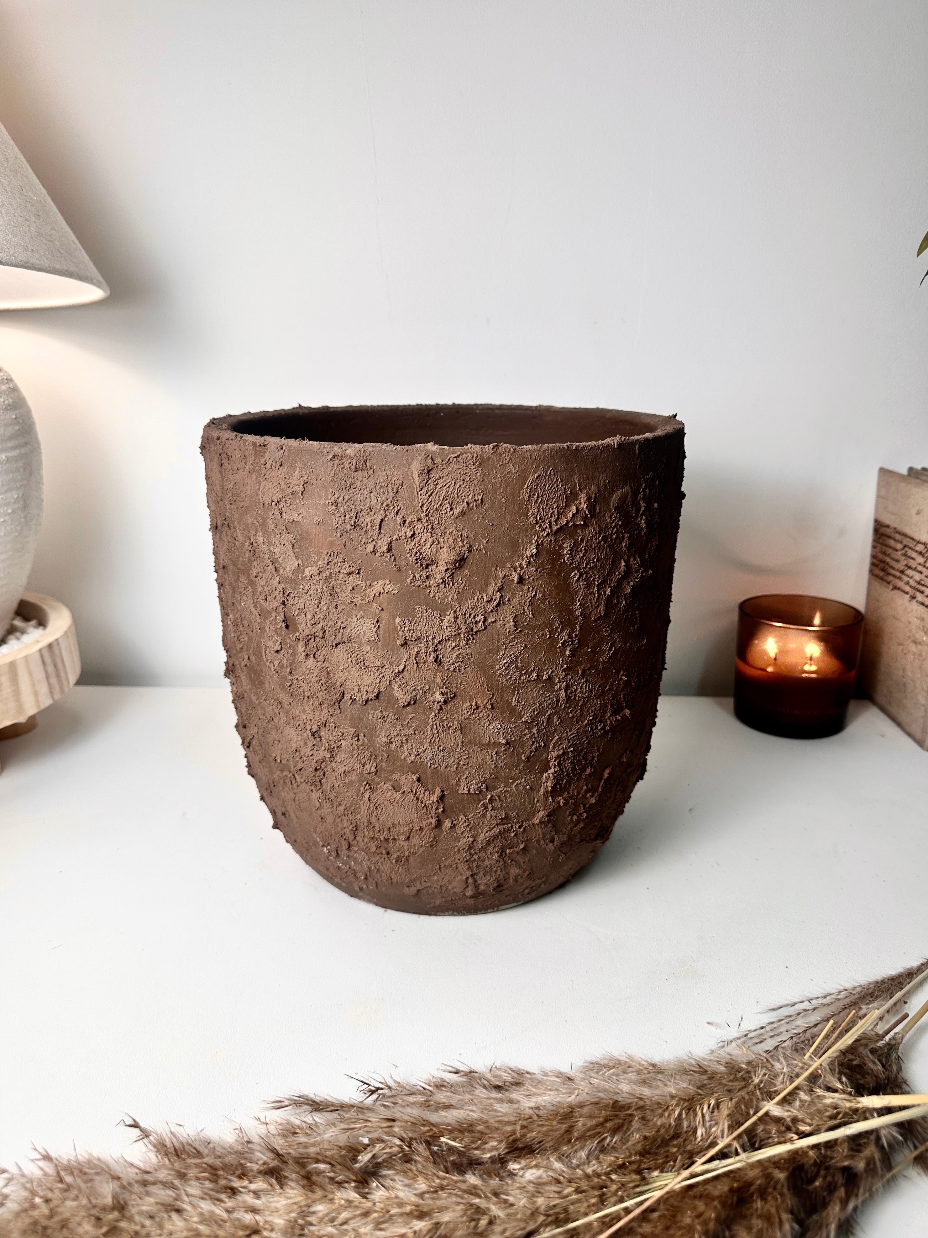 11" tall Minimalist Hand-Painted & Textured Planter Pot with drainage hole - Dark Brown