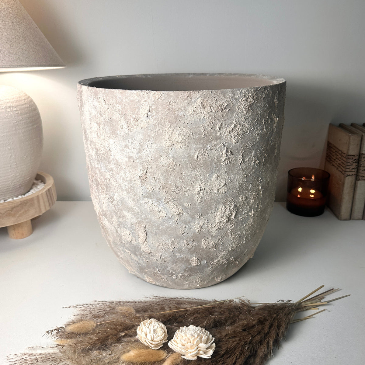 13.5" tall Minimalist Hand-Painted & Textured Planter Pot with Drainage Hole - Soji Beige Wash
