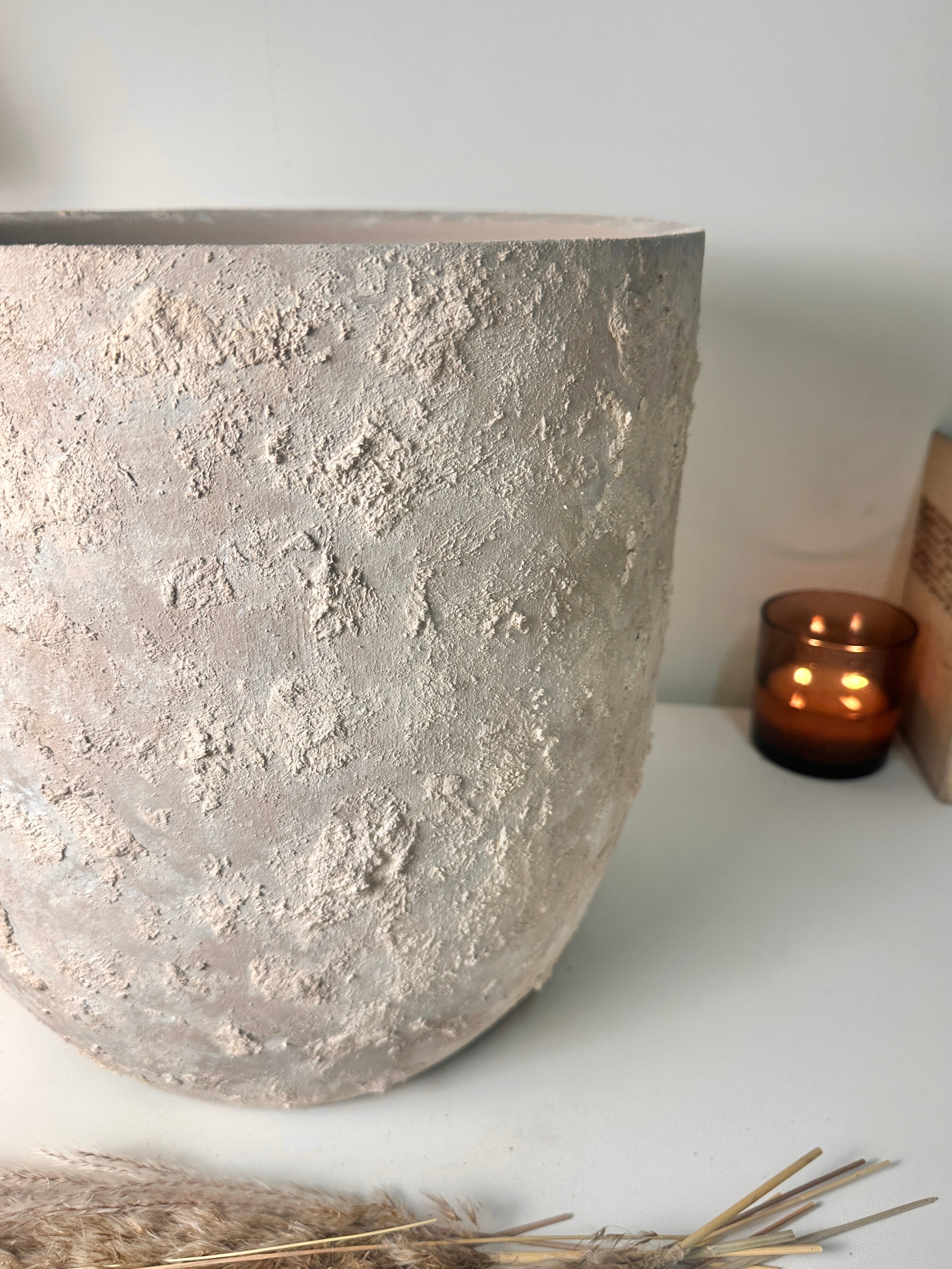 13.5" tall Minimalist Hand-Painted & Textured Planter Pot with Drainage Hole - Soji Beige Wash