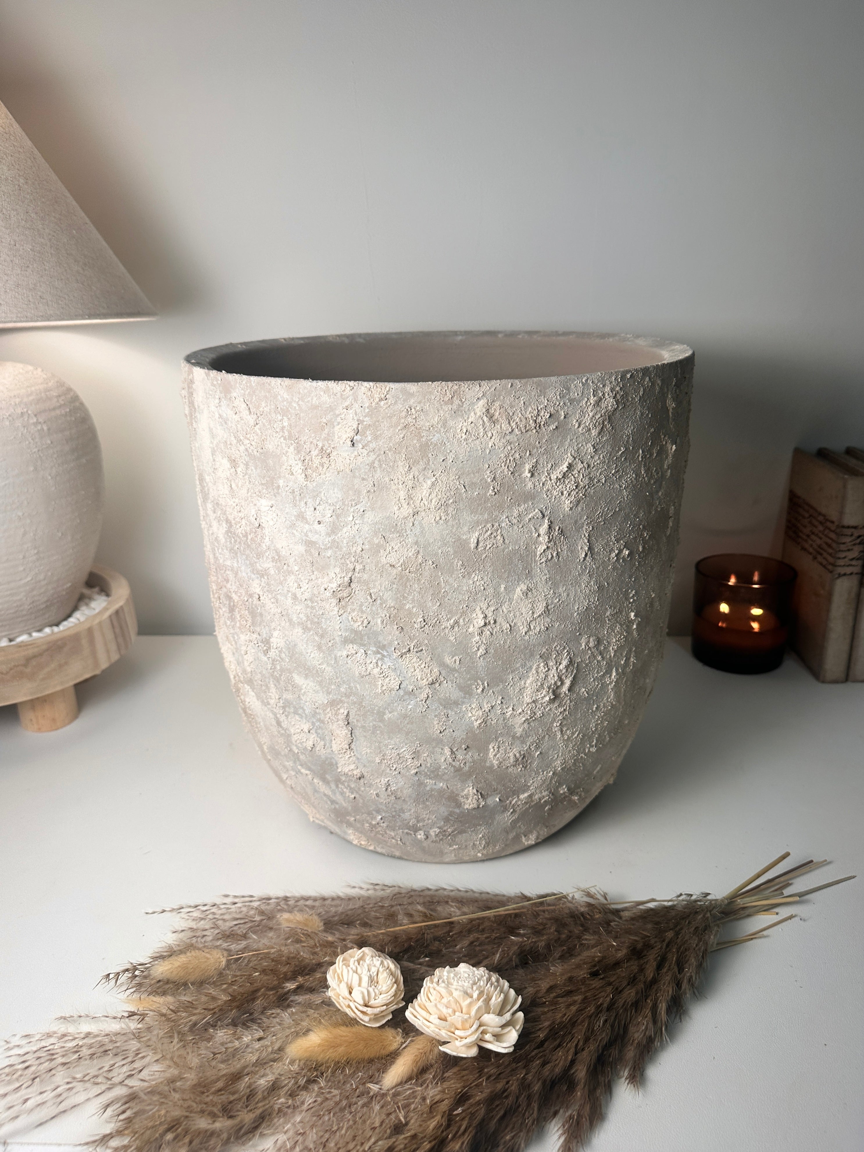 13.5" tall Minimalist Hand-Painted & Textured Planter Pot with Drainage Hole - Soji Beige Wash