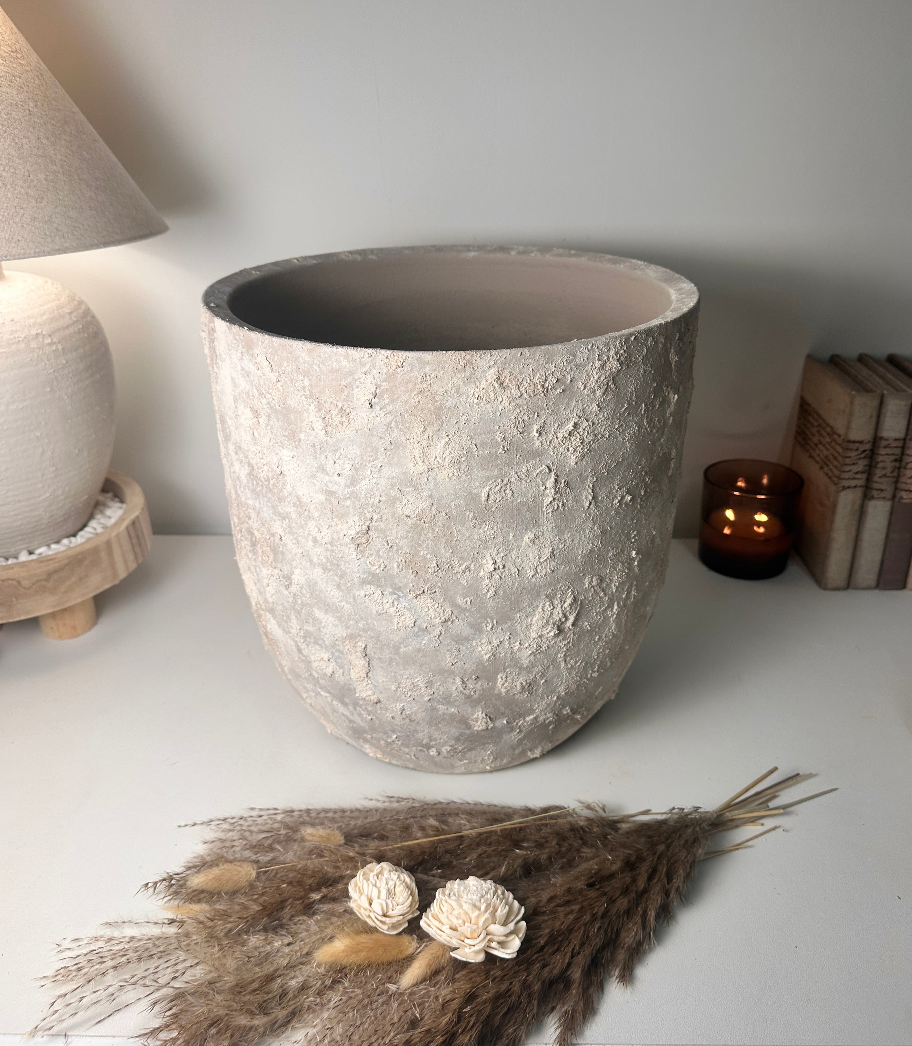 13.5" tall Minimalist Hand-Painted & Textured Planter Pot with Drainage Hole - Soji Beige Wash