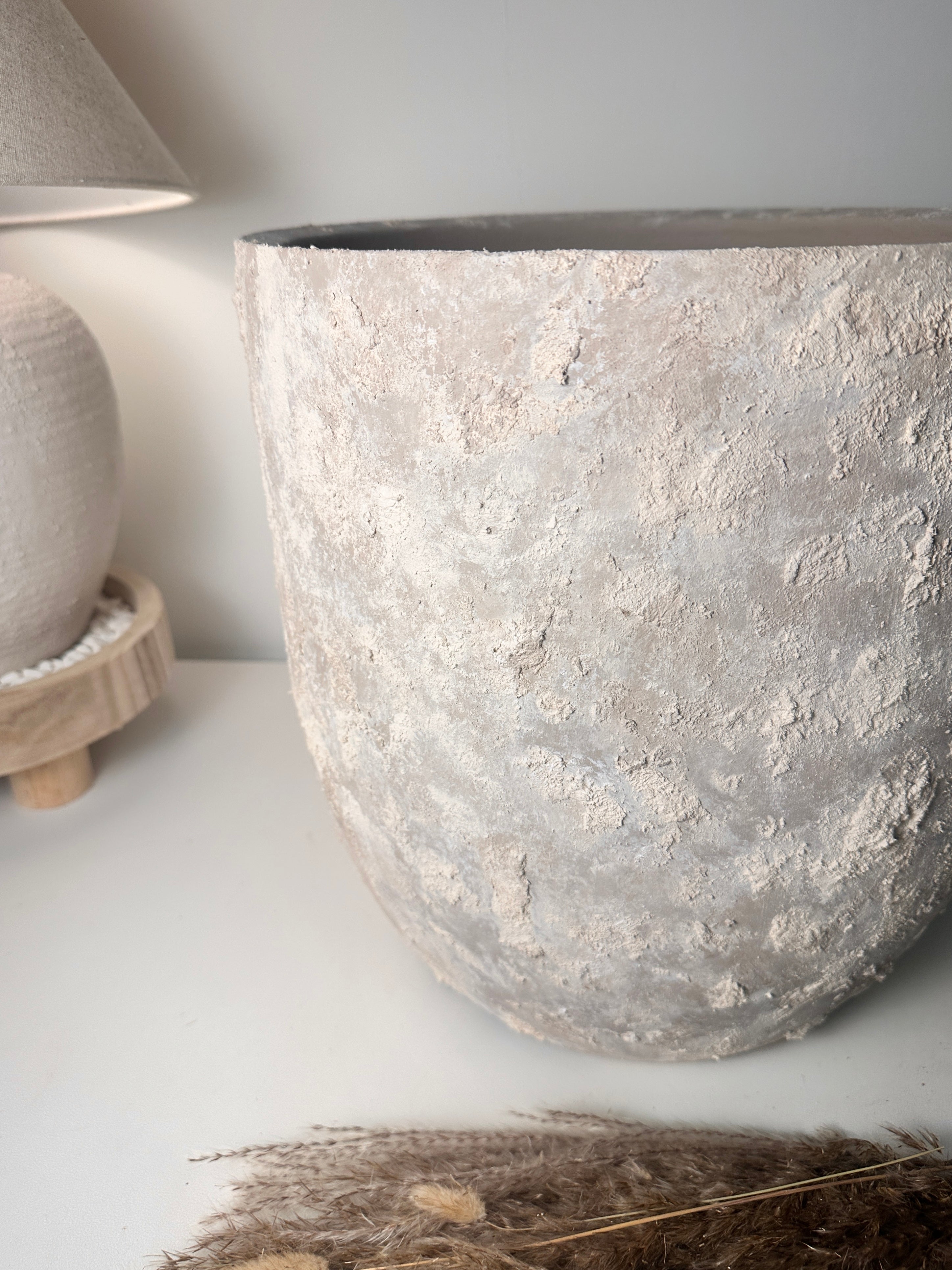 13.5" tall Minimalist Hand-Painted & Textured Planter Pot with Drainage Hole - Soji Beige Wash