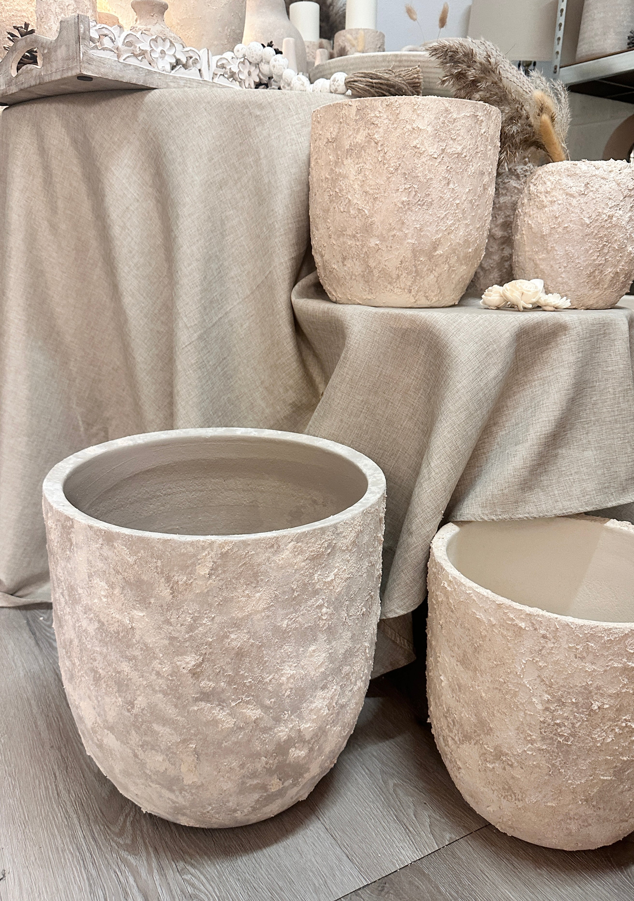 13.5" tall Minimalist Hand-Painted & Textured Planter Pot with Drainage Hole - Soji Beige Wash