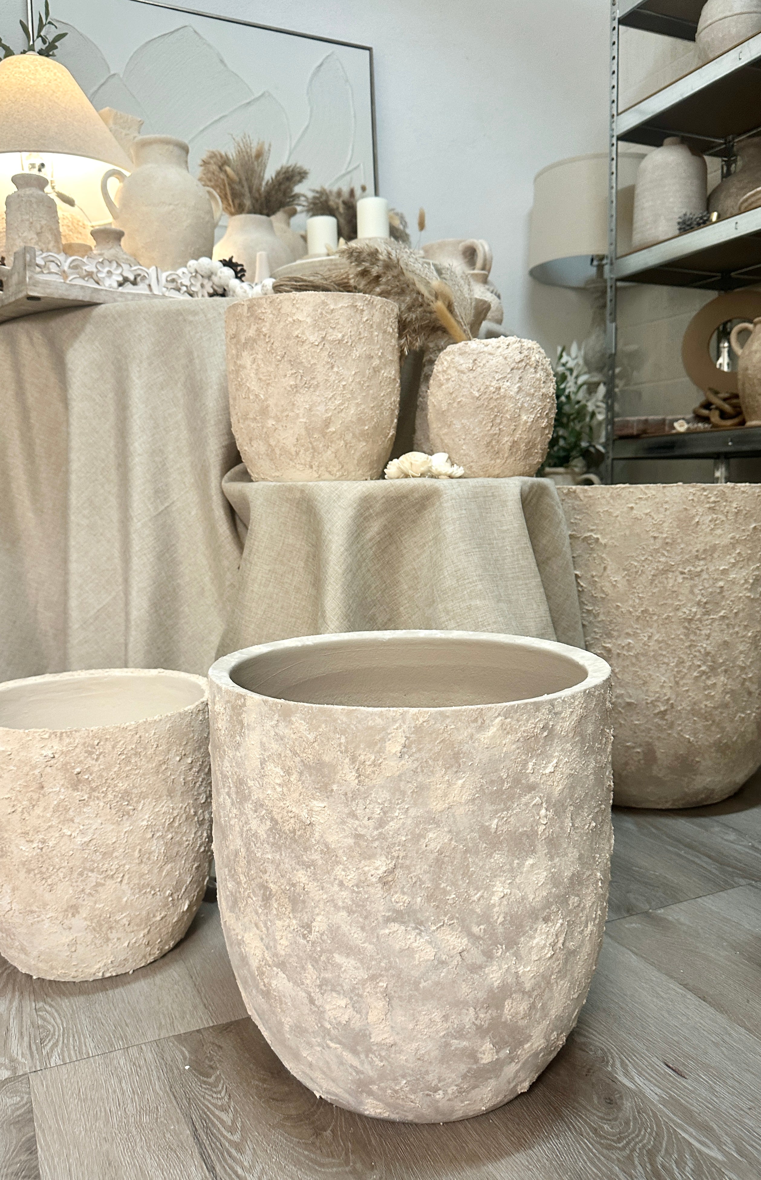 13.5" tall Minimalist Hand-Painted & Textured Planter Pot with Drainage Hole - Soji Beige Wash