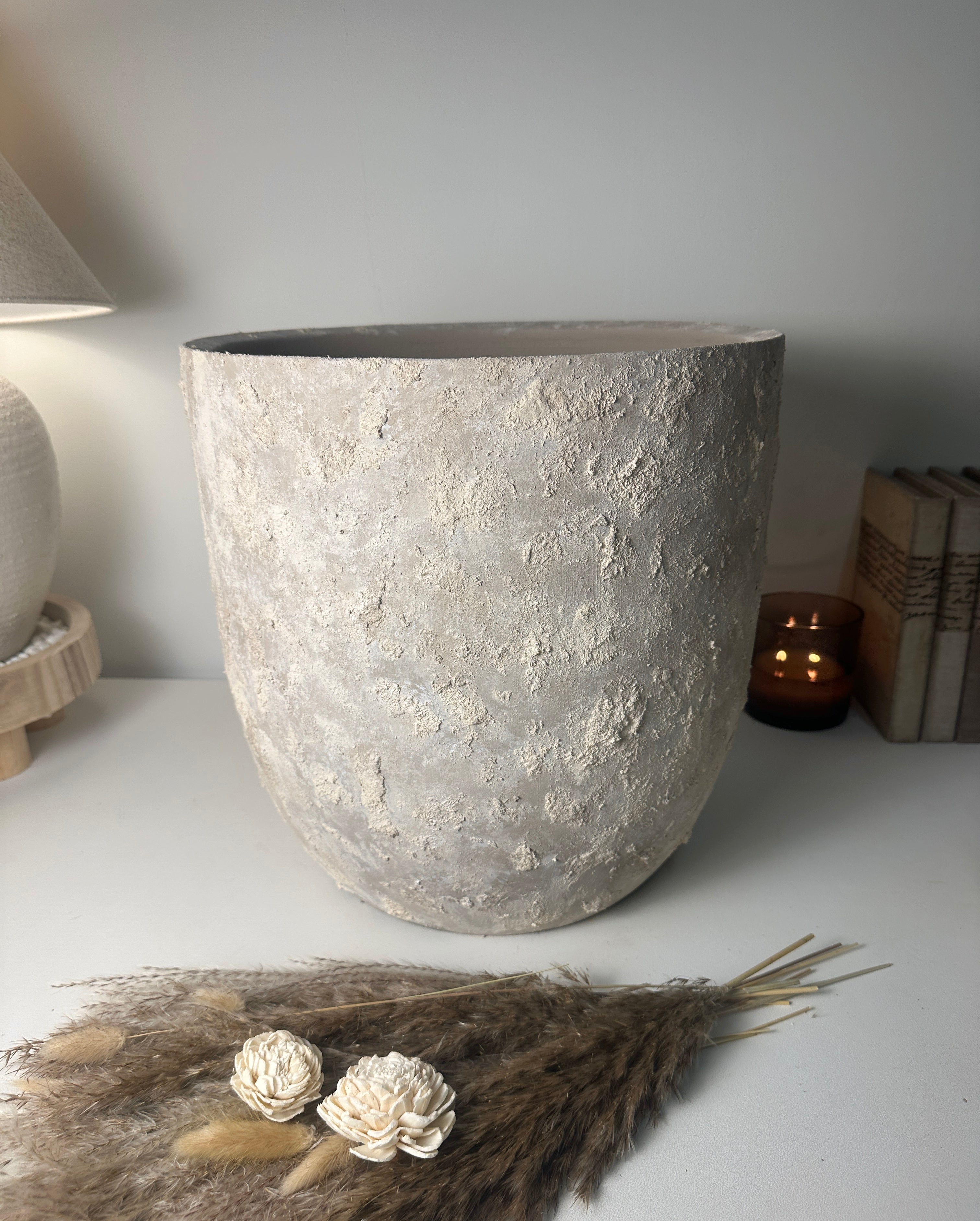 13.5" tall Minimalist Hand-Painted & Textured Planter Pot with Drainage Hole - Soji Beige Wash