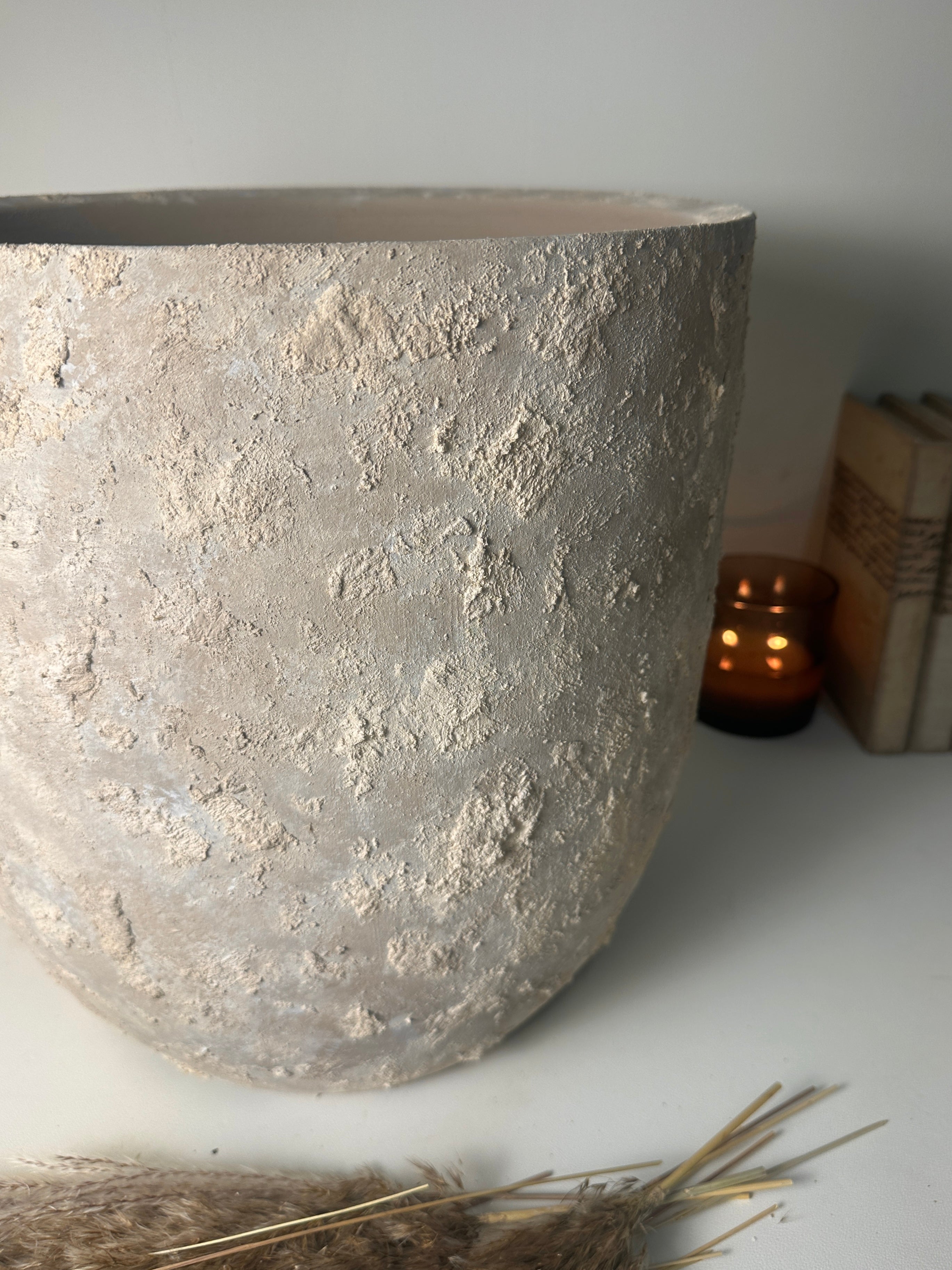 13.5" tall Minimalist Hand-Painted & Textured Planter Pot with Drainage Hole - Soji Beige Wash