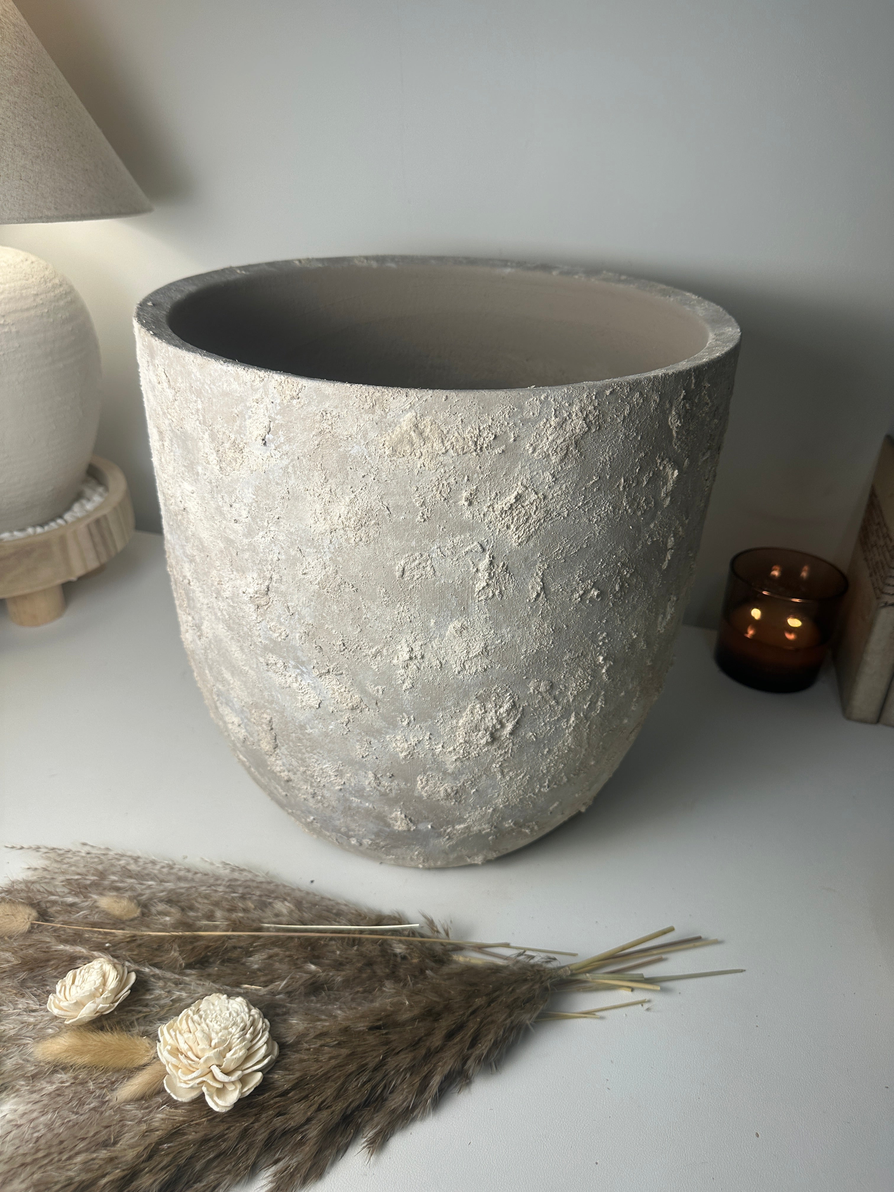 13.5" tall Minimalist Hand-Painted & Textured Planter Pot with Drainage Hole - Soji Beige Wash