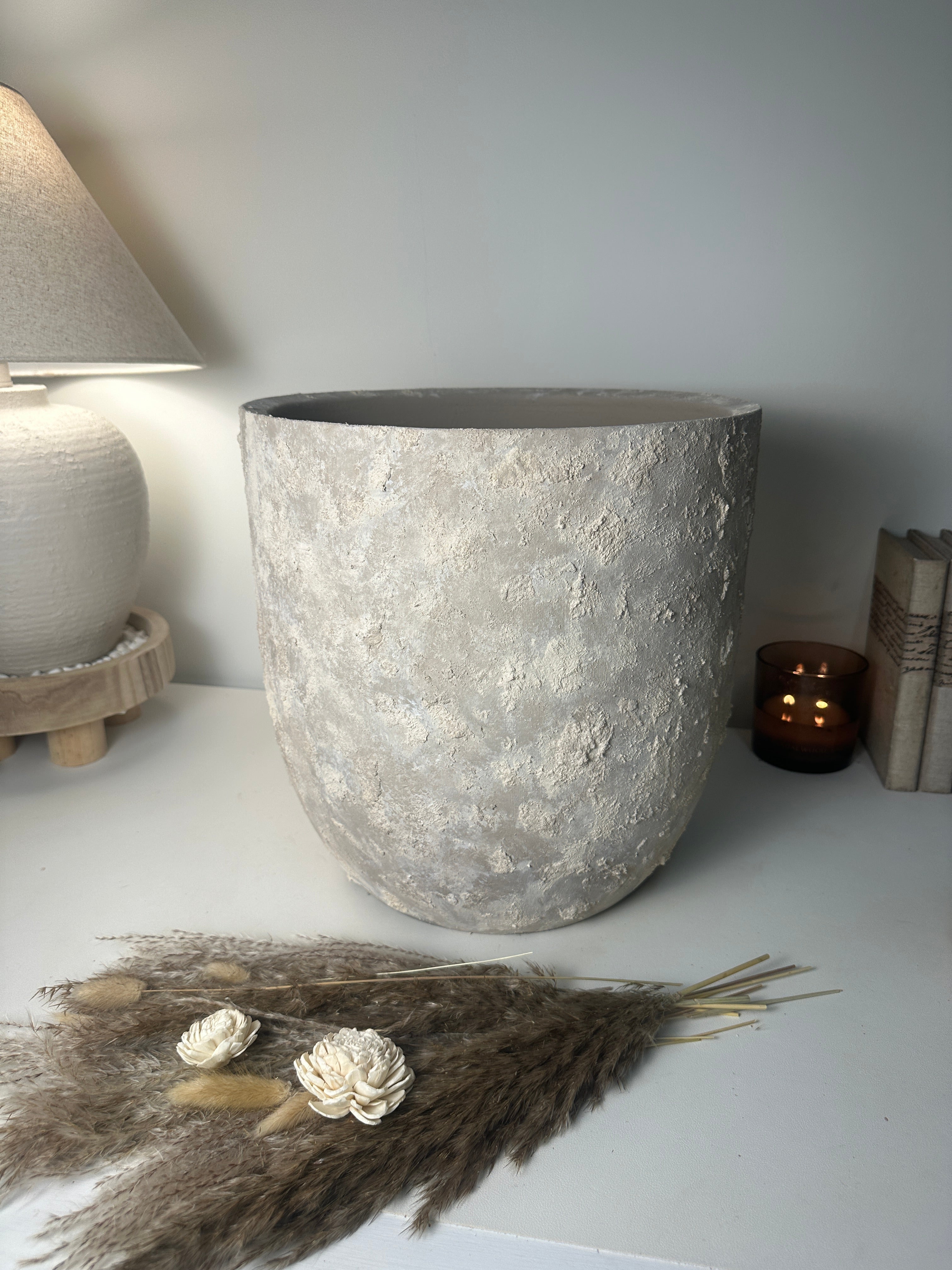 13.5" tall Minimalist Hand-Painted & Textured Planter Pot with Drainage Hole - Soji Beige Wash
