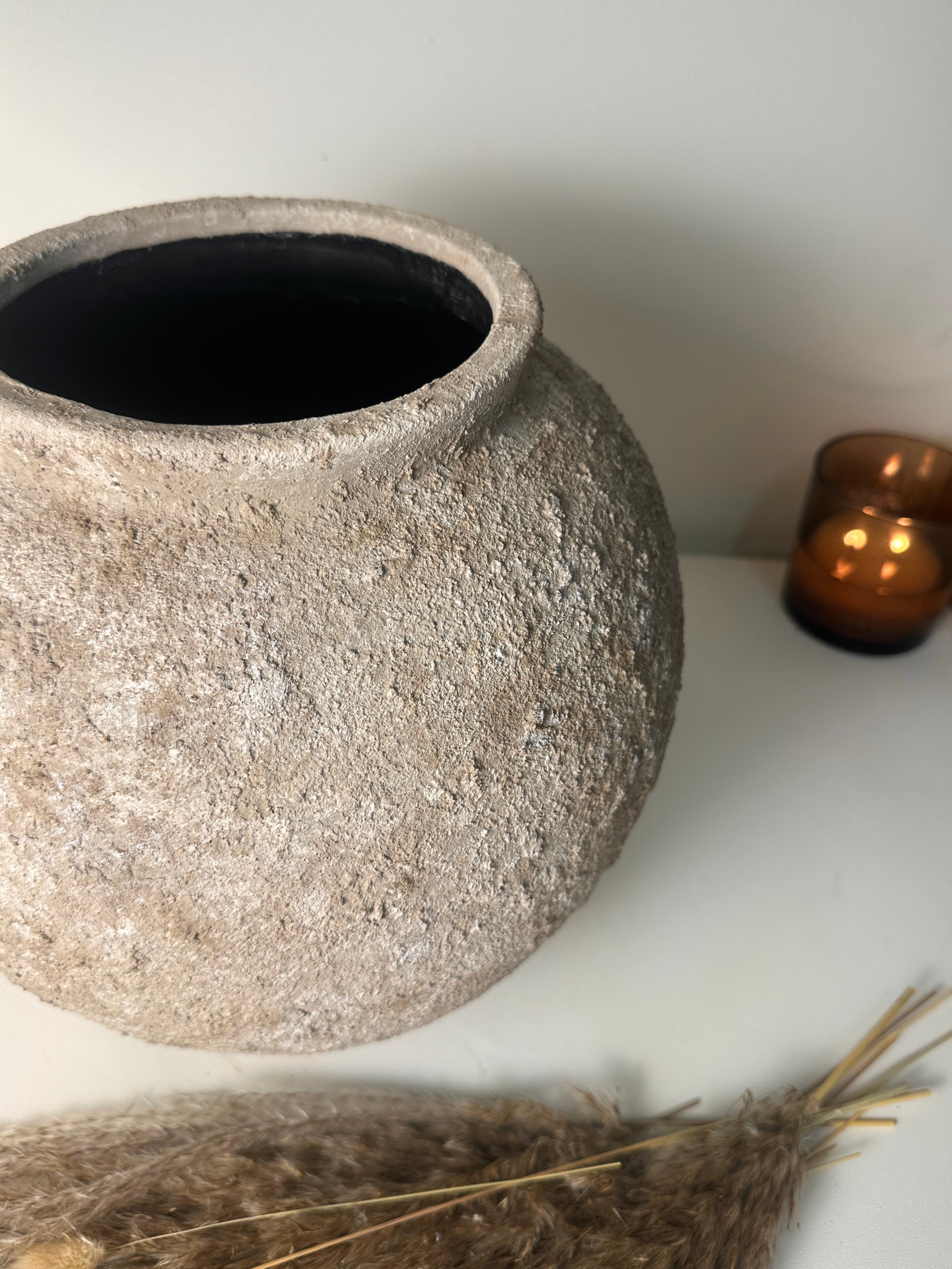 Minimalist Rustic Hand-painted Metal Textured Decorative Vase 11"5 tall - Tan Beige