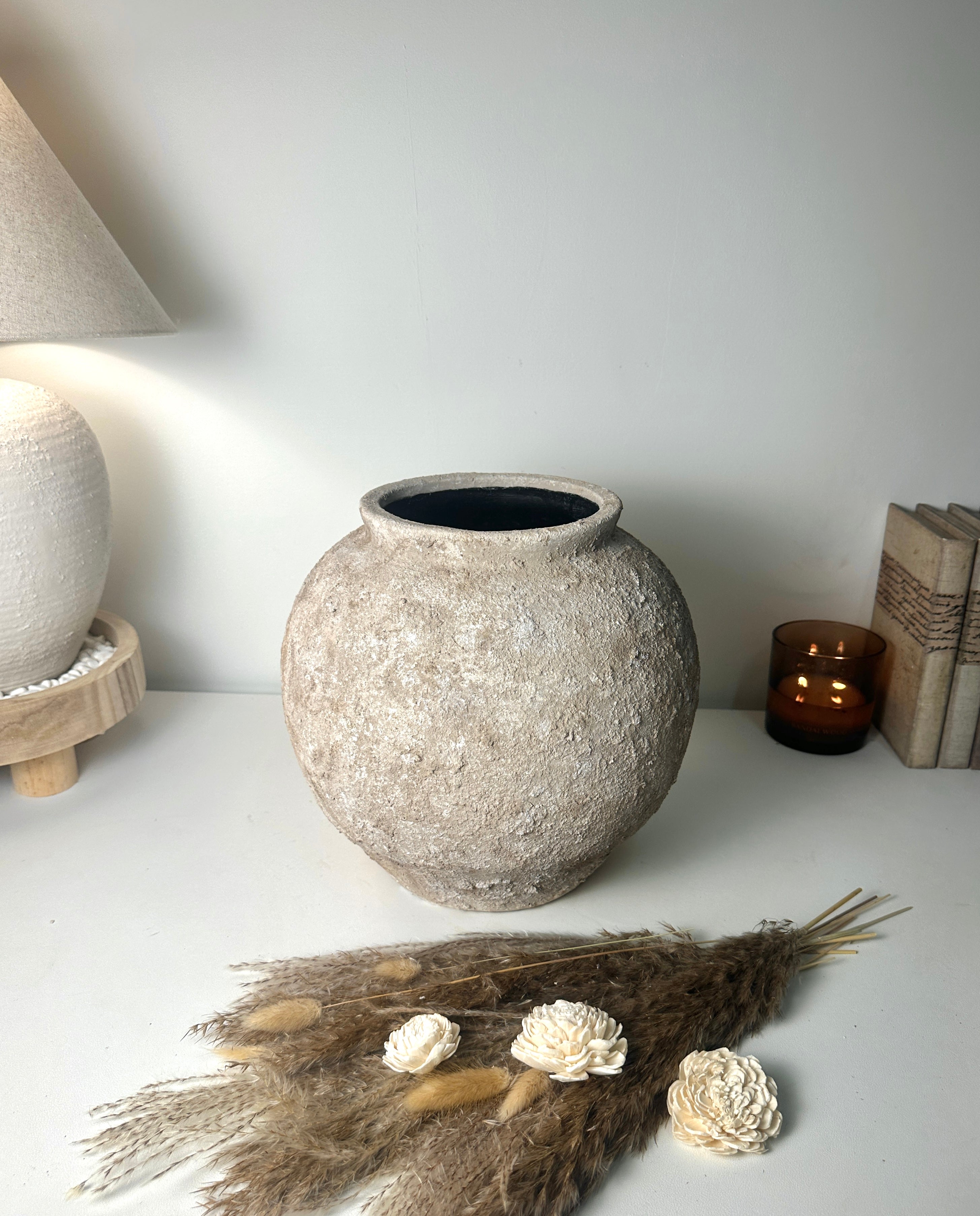 Minimalist Rustic Hand-painted Metal Textured Decorative Vase 11"5 tall - Tan Beige