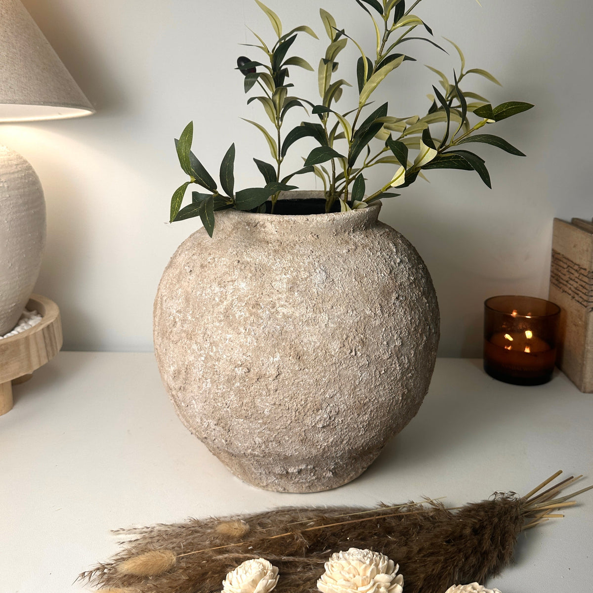 Minimalist Rustic Hand-painted Metal Textured Decorative Vase 11"5 tall - Tan Beige