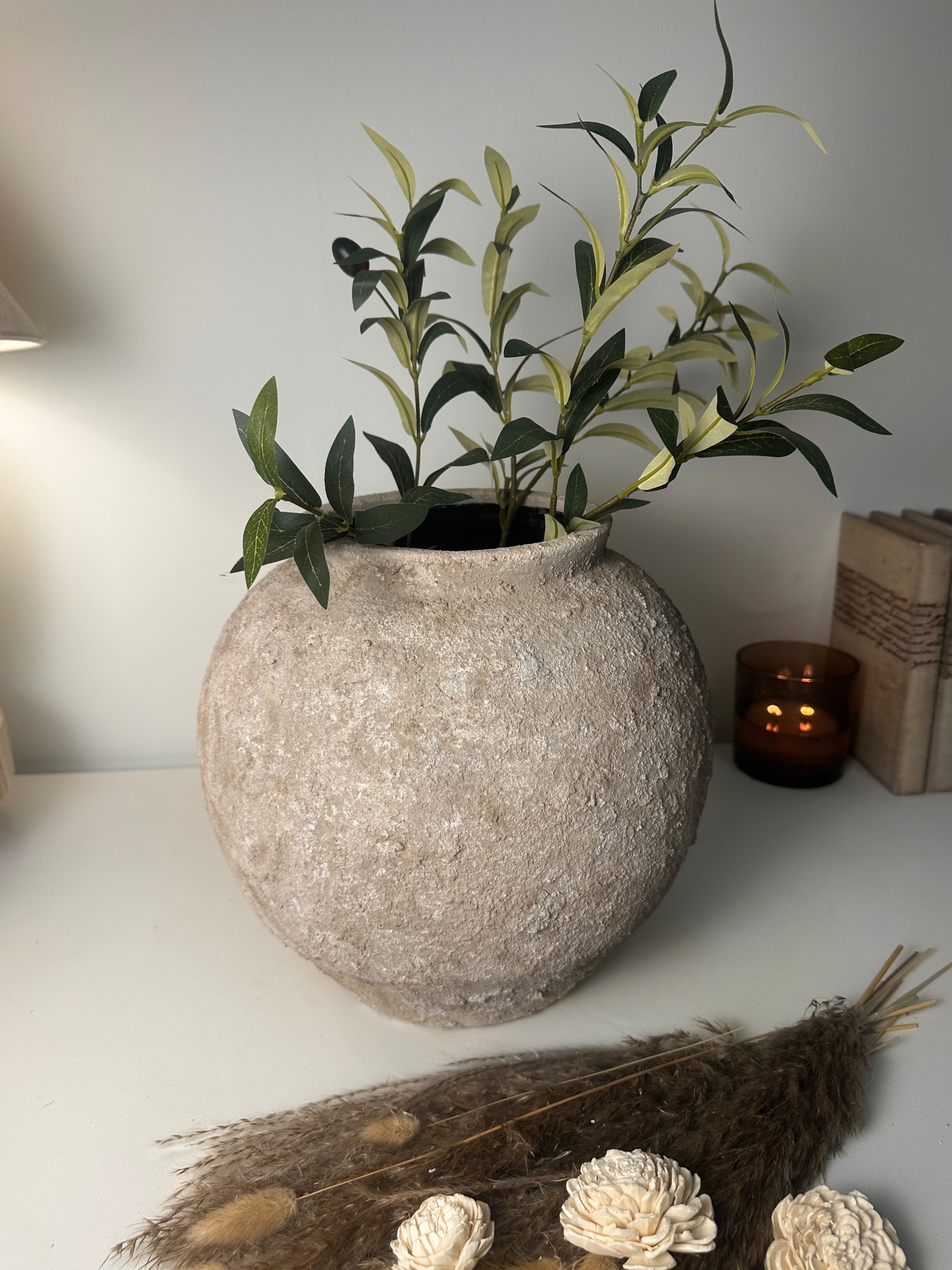 Minimalist Rustic Hand-painted Metal Textured Decorative Vase 11"5 tall - Tan Beige