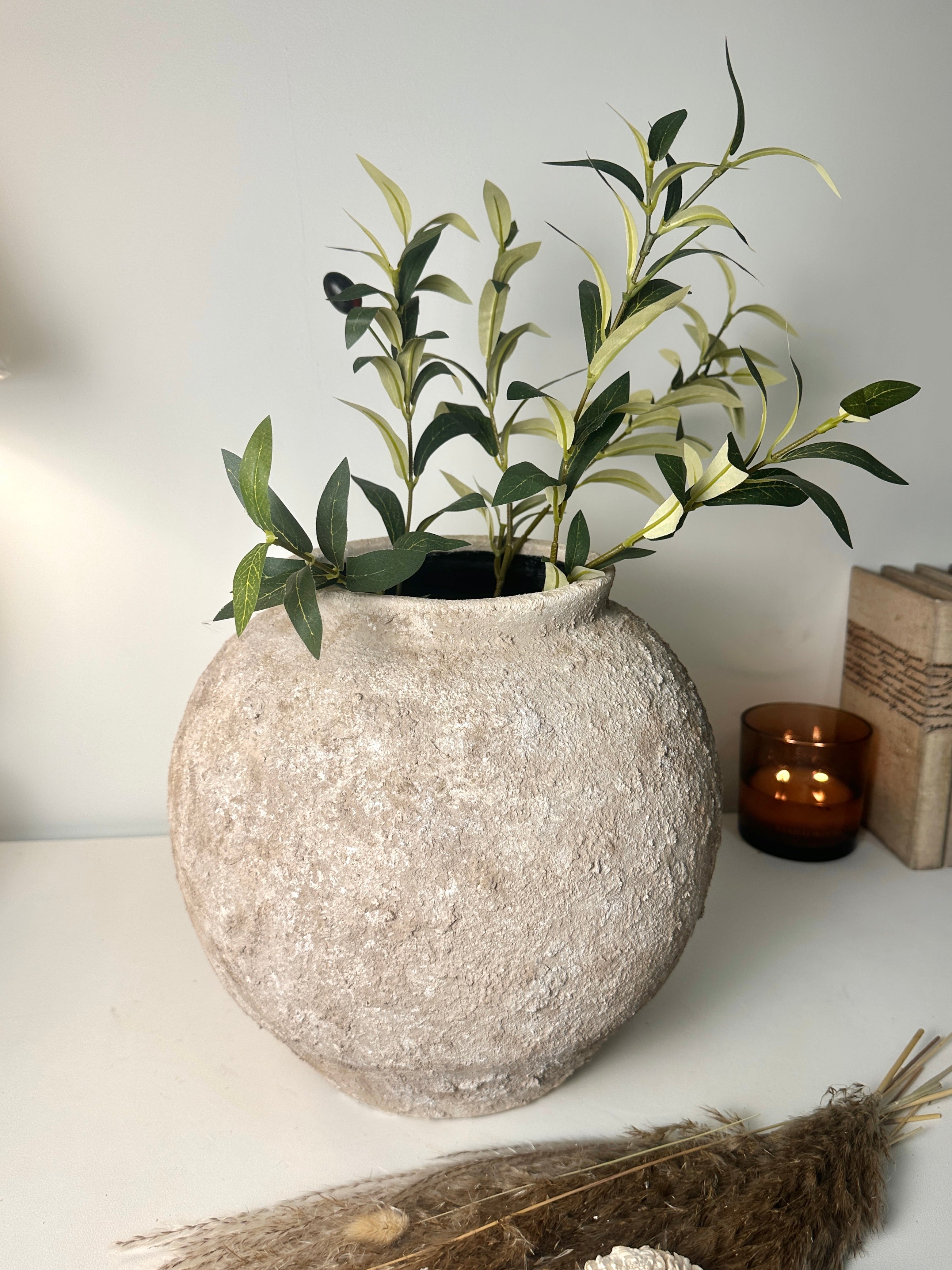 Minimalist Rustic Hand-painted Metal Textured Decorative Vase 11"5 tall - Tan Beige