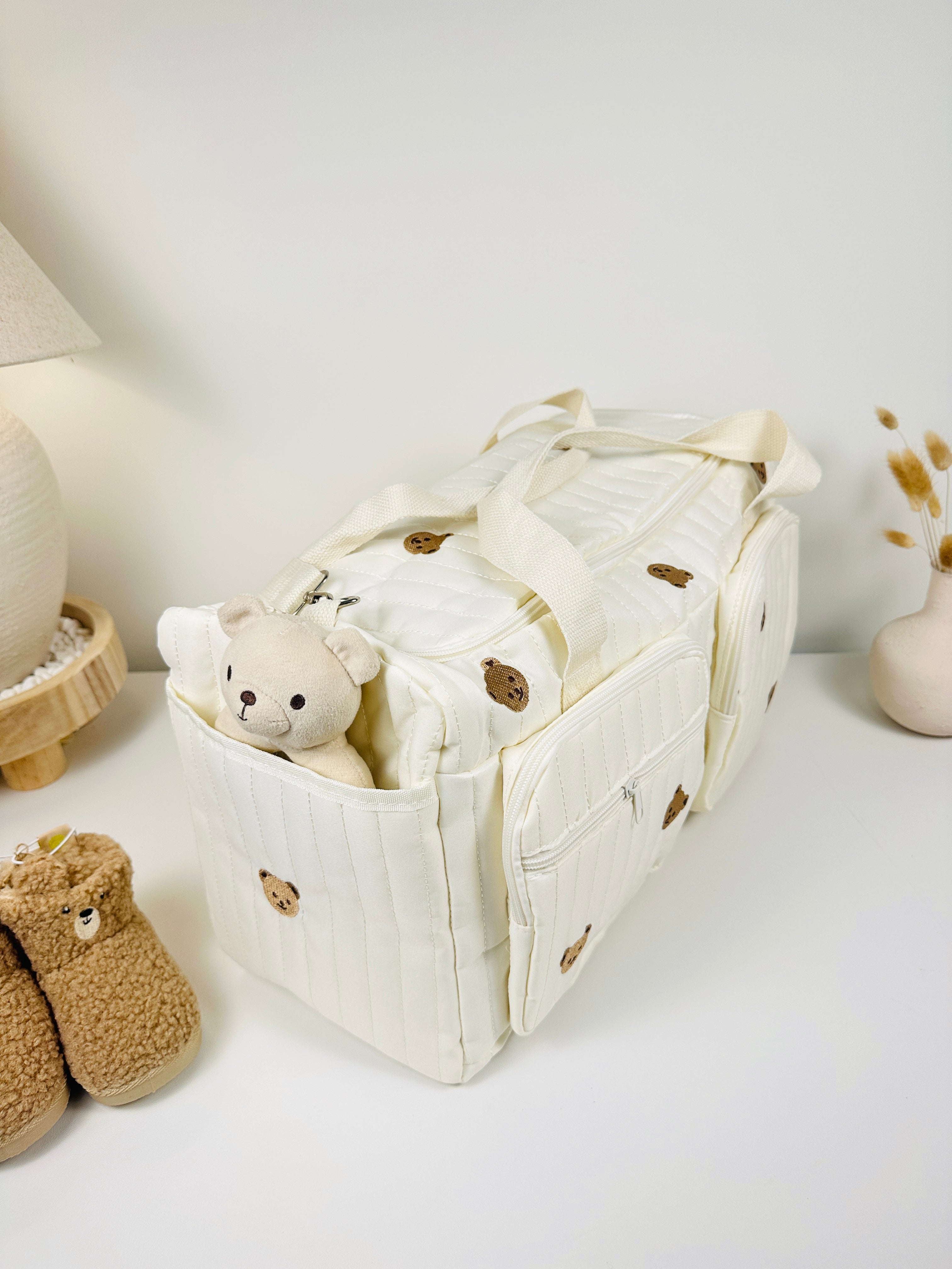 Duffel Bag for Baby Essentials - cream with bear print