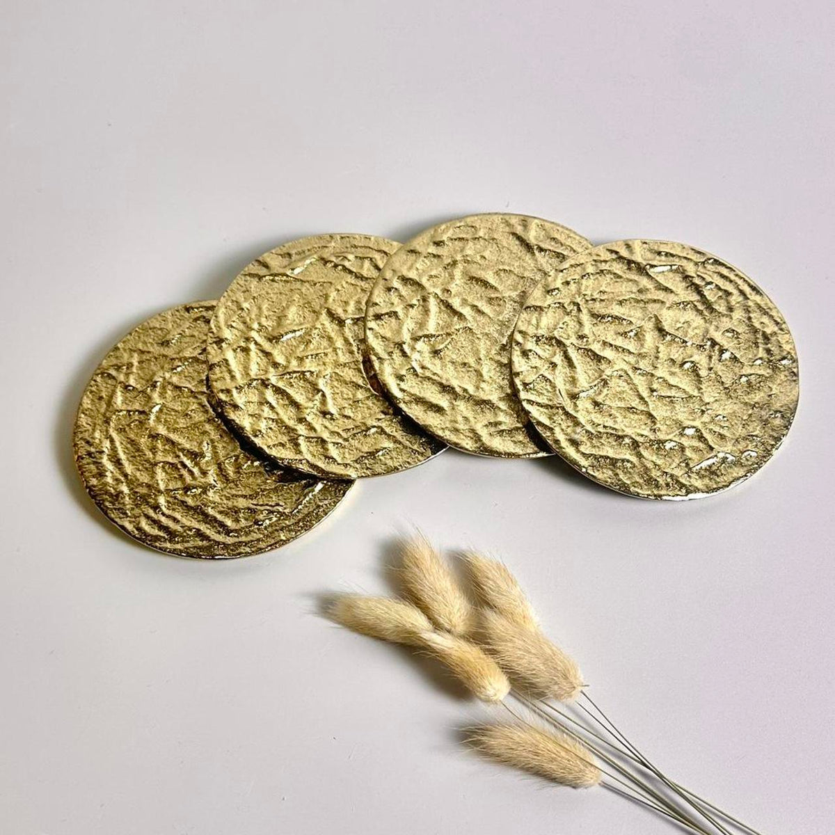 Gold Metal Round Coaster Set, Textured Design, Set of 4