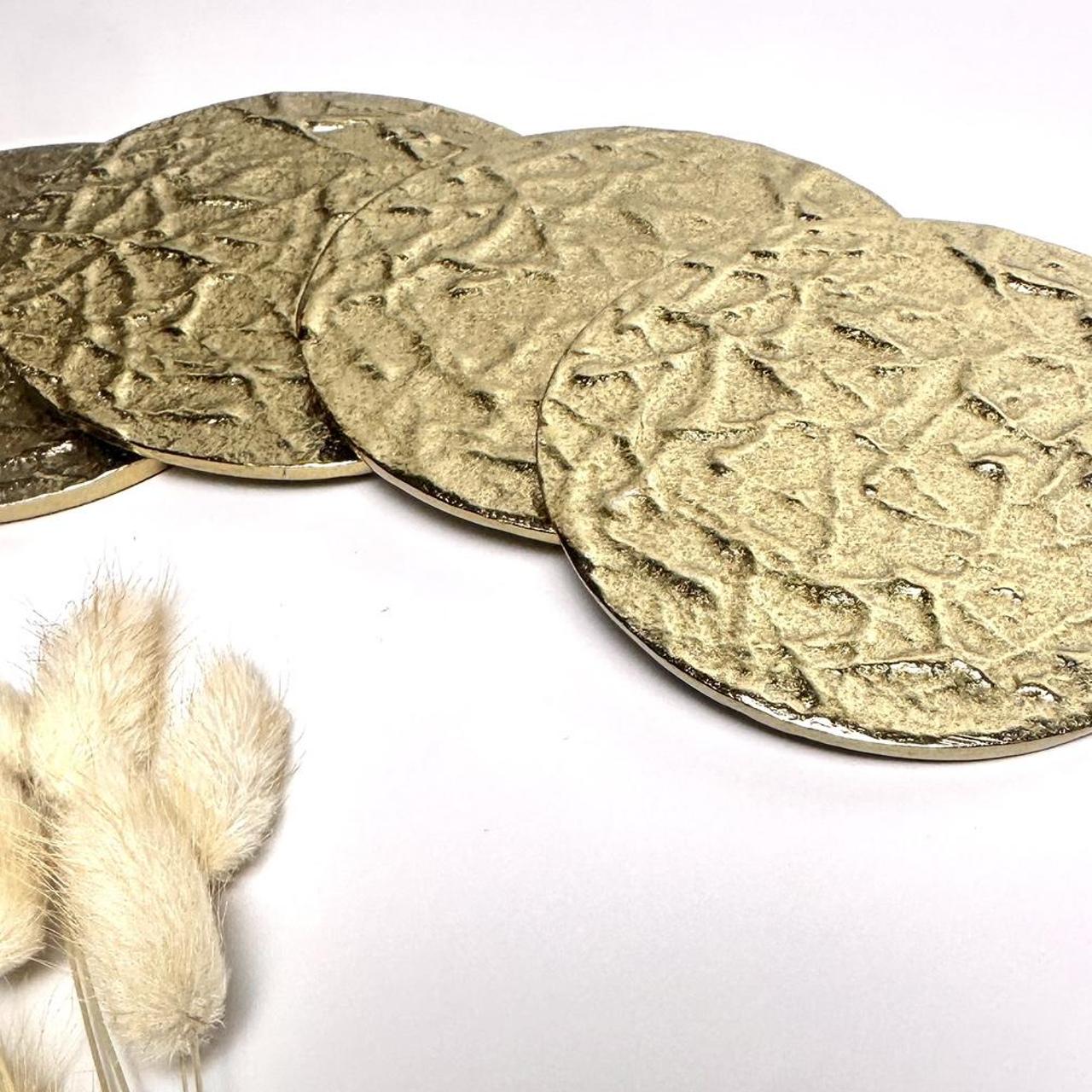 Gold Metal Round Coaster Set, Textured Design, Set of 4