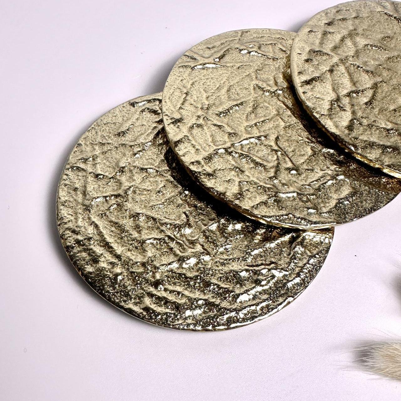 Gold Metal Round Coaster Set, Textured Design, Set of 4