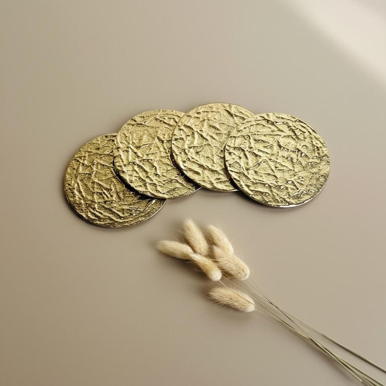Gold Metal Round Coaster Set, Textured Design, Set of 4