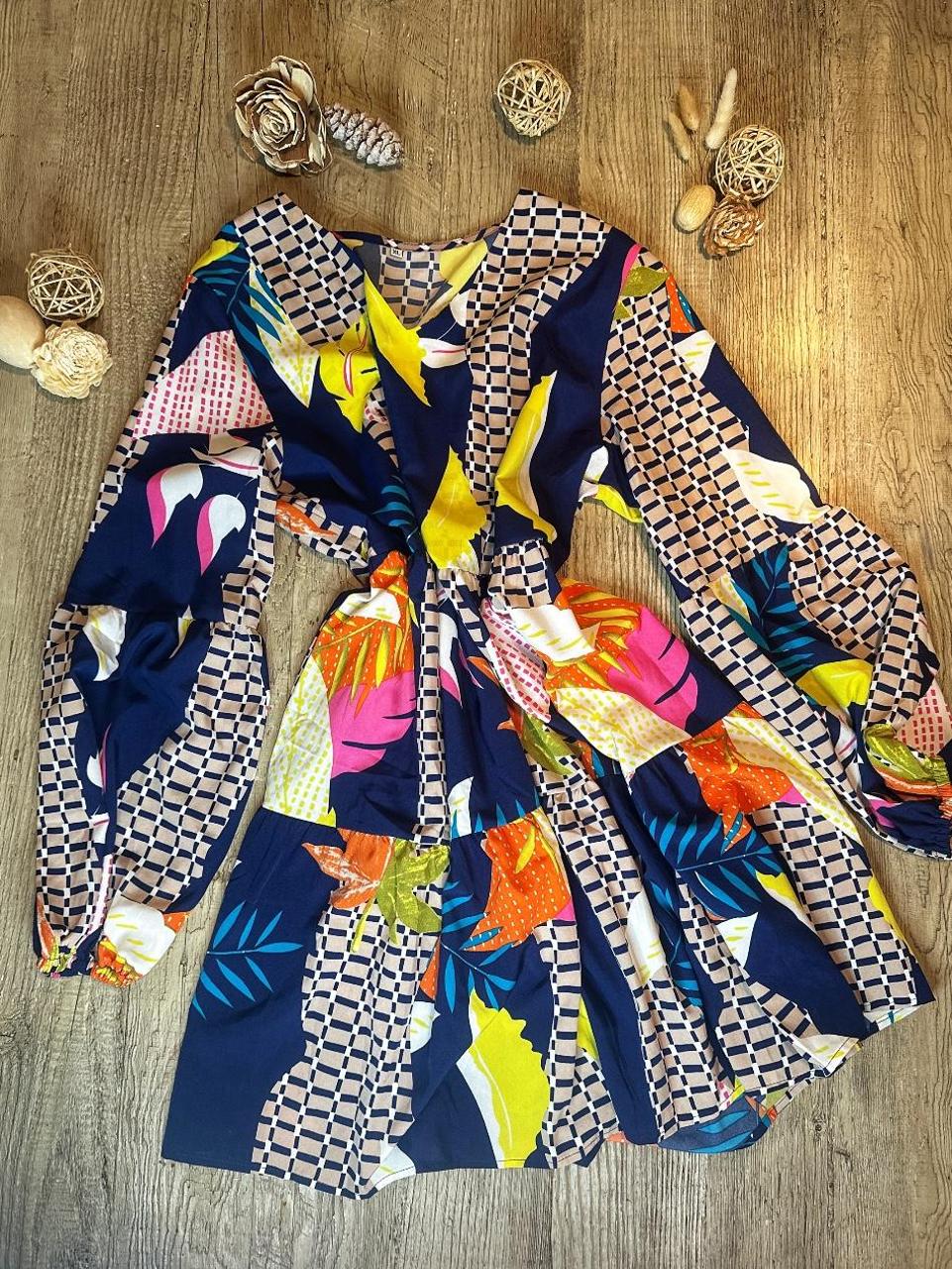 Women's V-Neck Dress, Long Sleeve, Floral Print, Navy Multi-Color, Casual Loose Swing Tunic