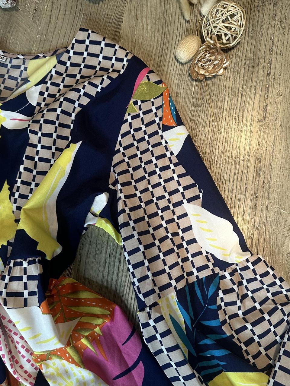 Women's V-Neck Dress, Long Sleeve, Floral Print, Navy Multi-Color, Casual Loose Swing Tunic