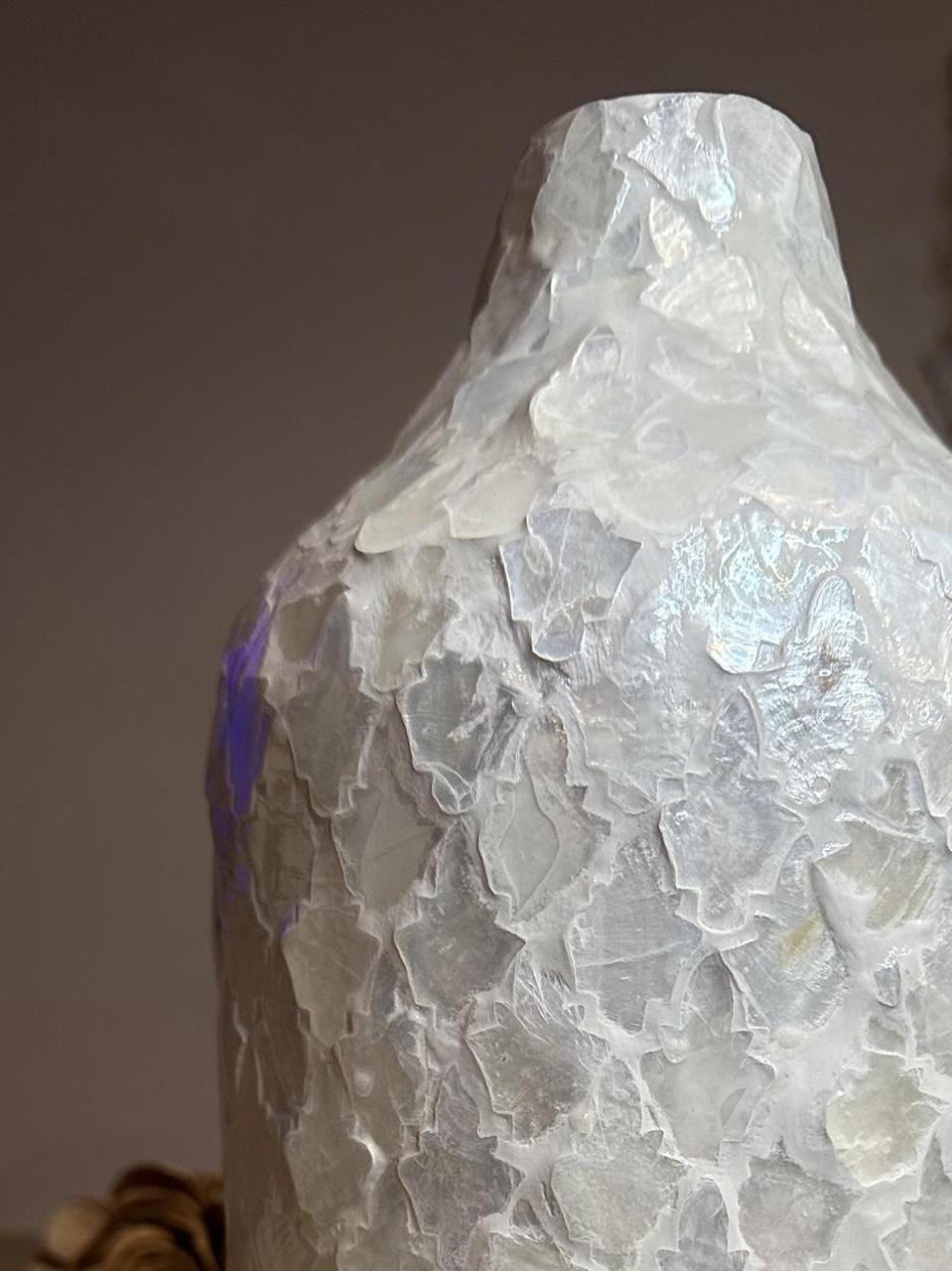 Modern Mosaic Pearl White Decorative Vase, Textured Glass Design, 12.5"