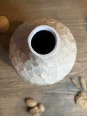 Modern Mosaic Pearl White Decorative Vase, Textured Glass Design, 12.5"