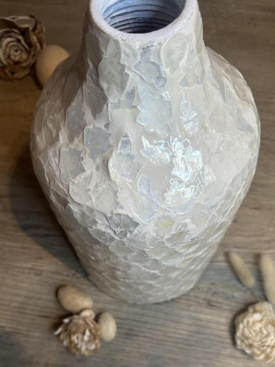 Modern Mosaic Pearl White Decorative Vase, Textured Glass Design, 12.5"