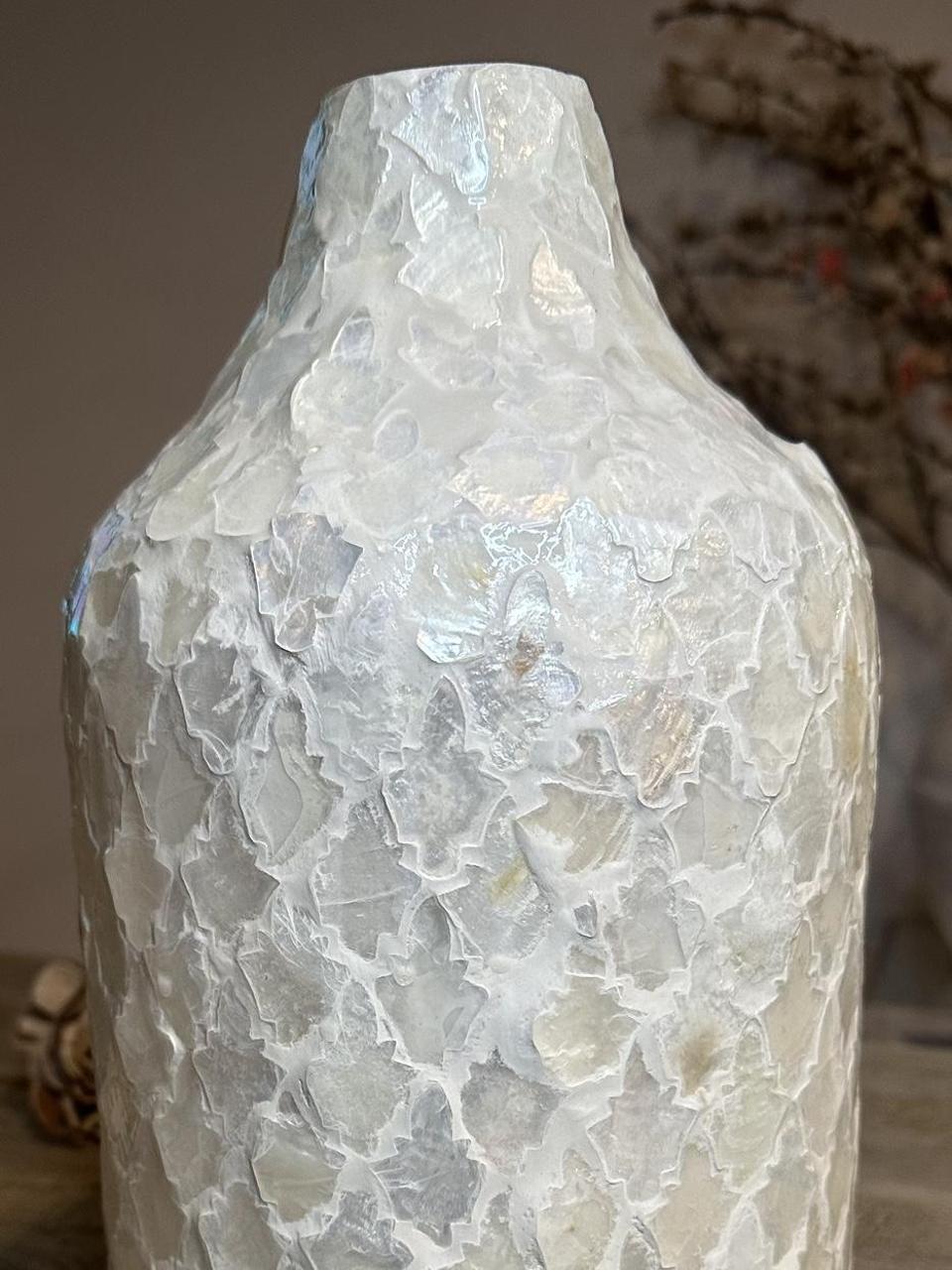 Modern Mosaic Pearl White Decorative Vase, Textured Glass Design, 12.5"