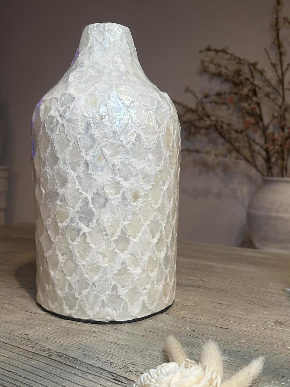 Modern Mosaic Pearl White Decorative Vase, Textured Glass Design, 12.5"