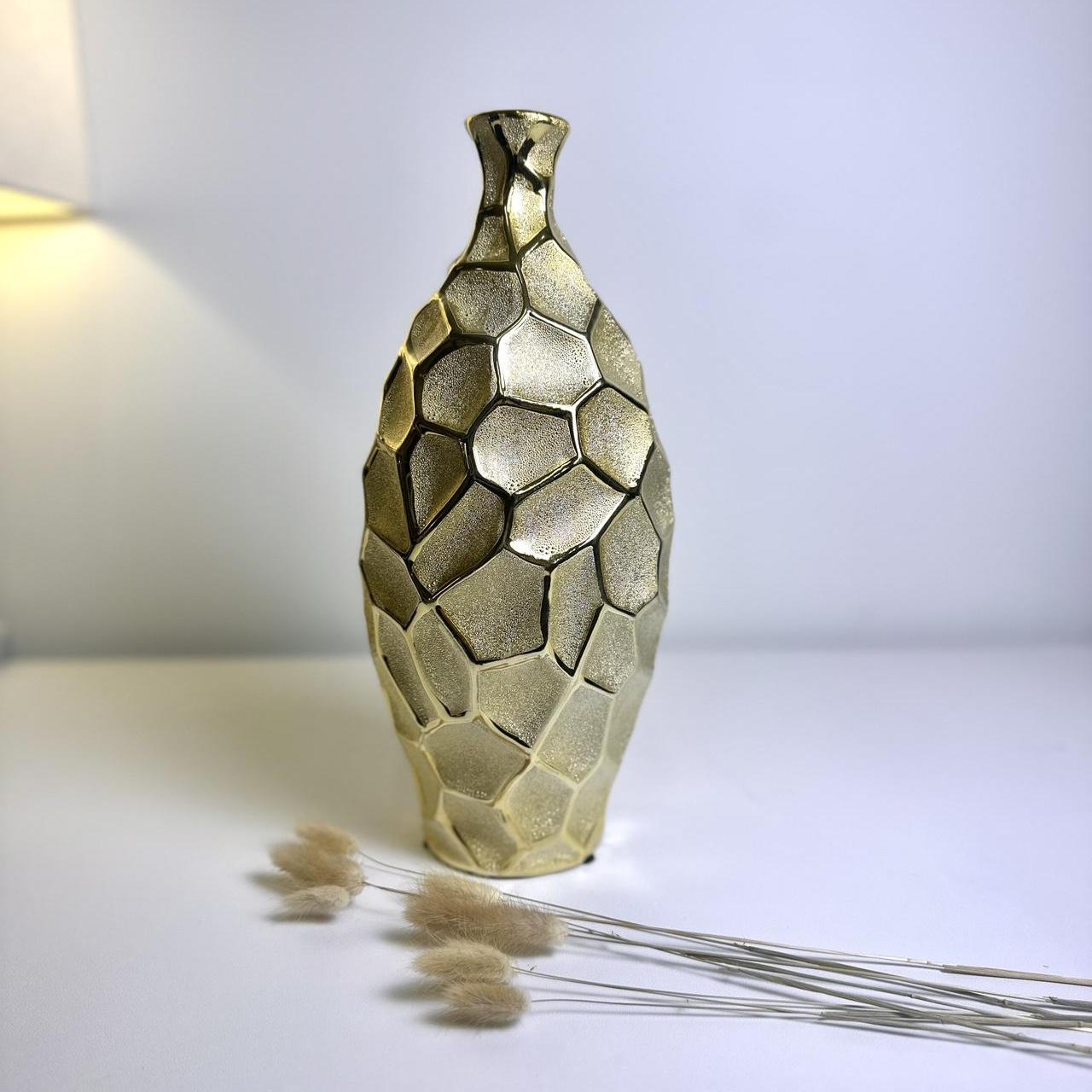 Modern Textured Metal Gold Vase, 14 Inch, Geometric Honeycomb Design