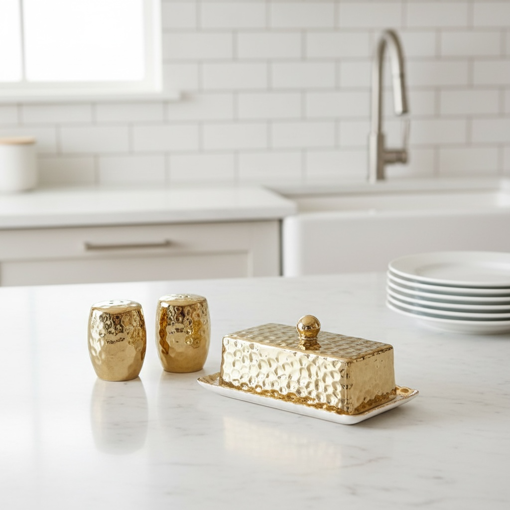 Elegant Gold Salt & Pepper, Butter Dish, Sugar Bowl & Creamer Pitcher (sold as a set or separately)