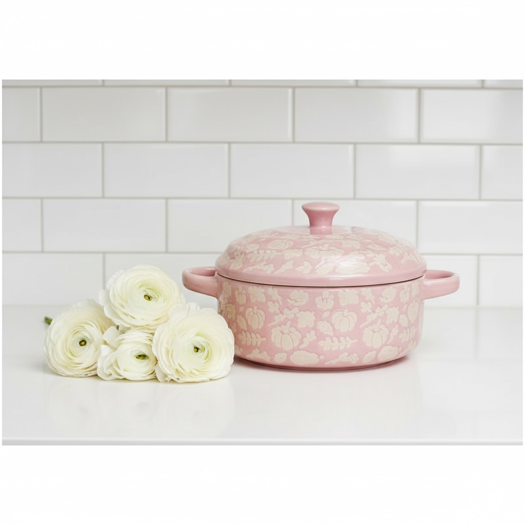 Pink Covered Brie Mini Baker (Stoneware) with Spreader (Stainless Steel & Wood Handle 6.5 inch)