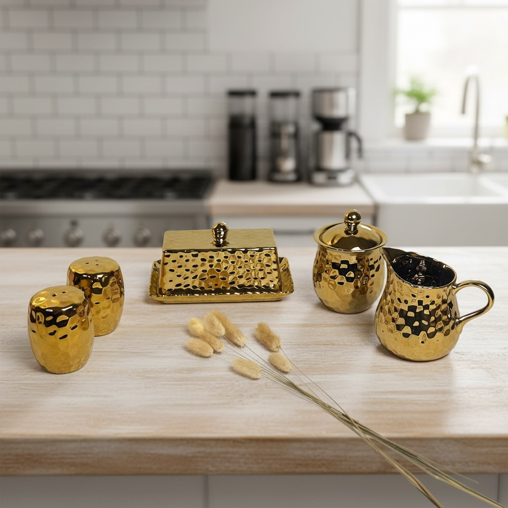 Elegant Gold Salt & Pepper, Butter Dish, Sugar Bowl & Creamer Pitcher (sold as a set or separately)