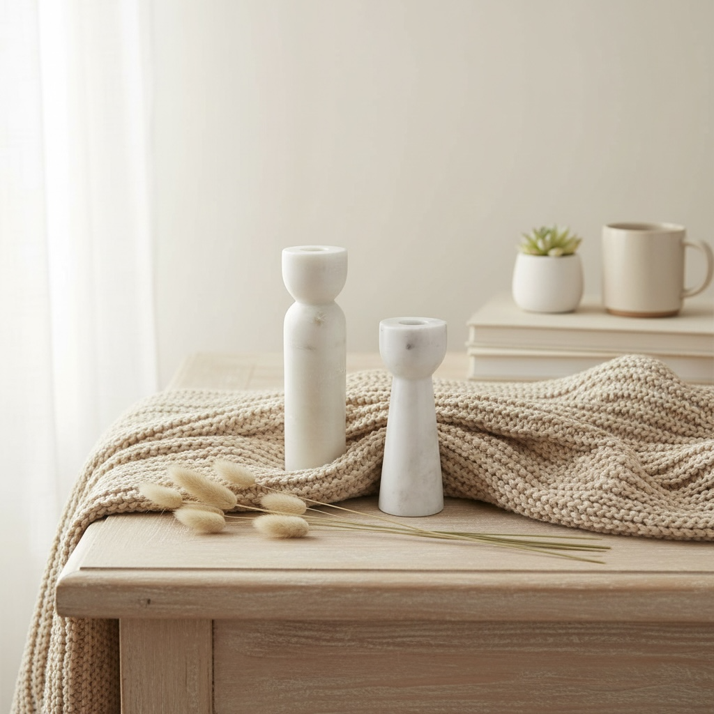 Set of 2 Elegant White Marble Candle Holders, Modern Decorative Candlesticks